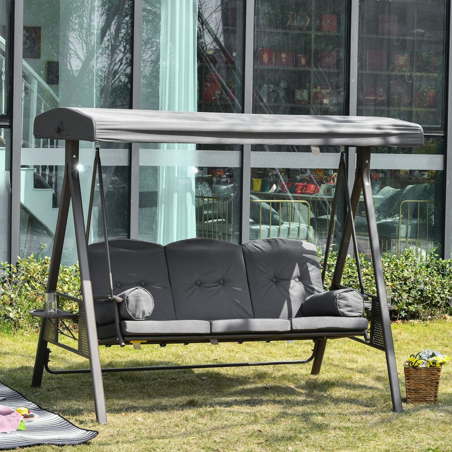 Outsunny 3 Seat Garden Swing Chair Steel Swing Bench w/ Cushions Cup Trays