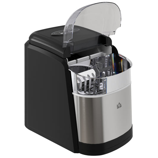 HOMCOM Ice Maker Machine Countertop, 12Kg in 24 Hrs, 9 Cubes Ready in 6-12Mins, Portable Ice Cube Maker with 2 Ice Cube Sizes, Self-Cleaning, Ice Scoop and Basket for Home, Kitchen, Party