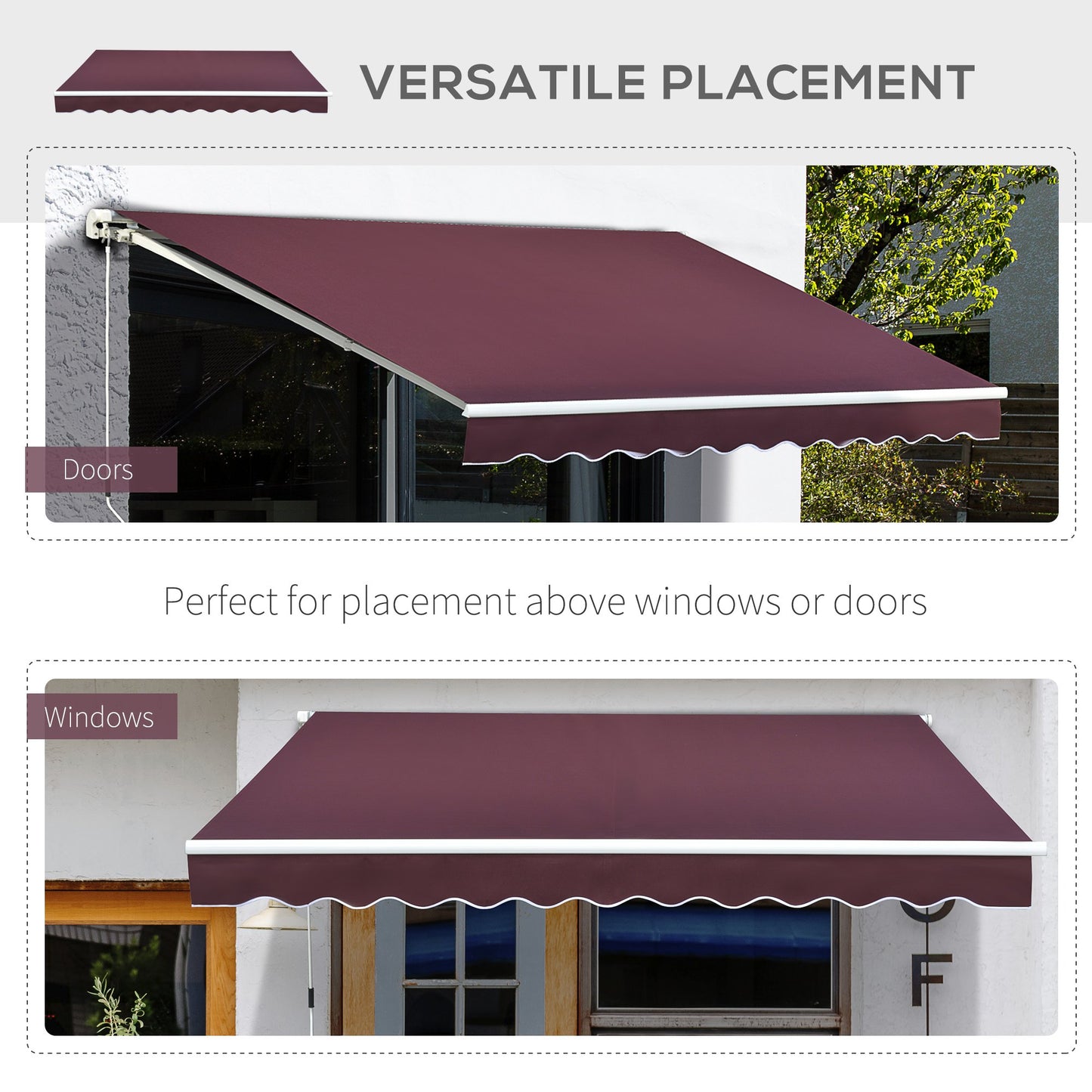 Outsunny 3x4m Retractable Manual Awning Window Door Sun Shade Canopy with Fittings and Crank Handle Wine Red w/