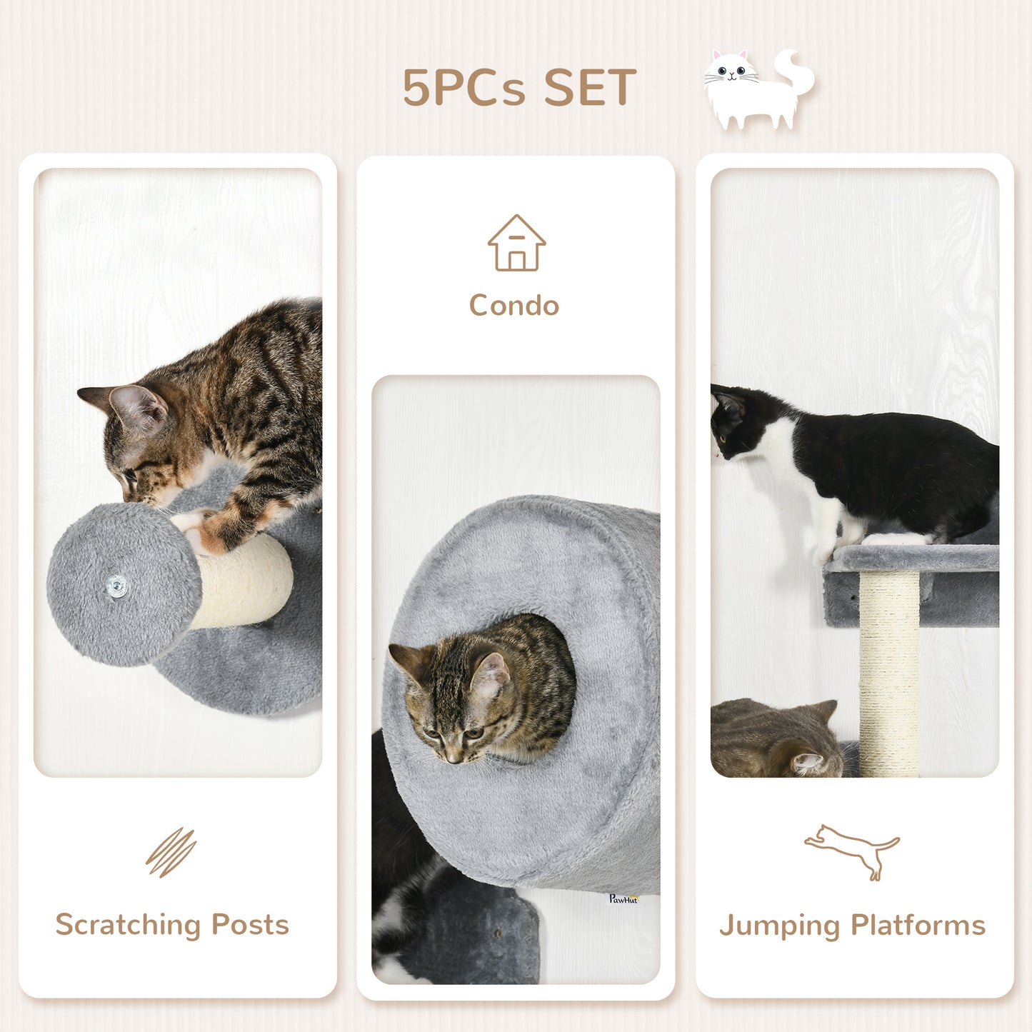 PawHut 5PCs Cat Wall Furniture with Perch, Cat House, Scratching Post