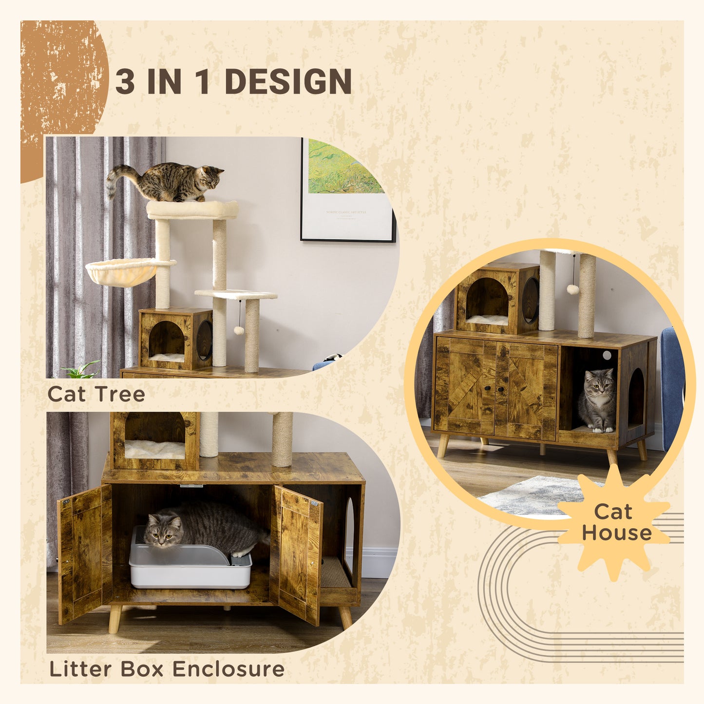 PawHut Cat Litter Box Enclosure, with Tree Tower, Cat House, Hammock, Cushion - Rustic Brown