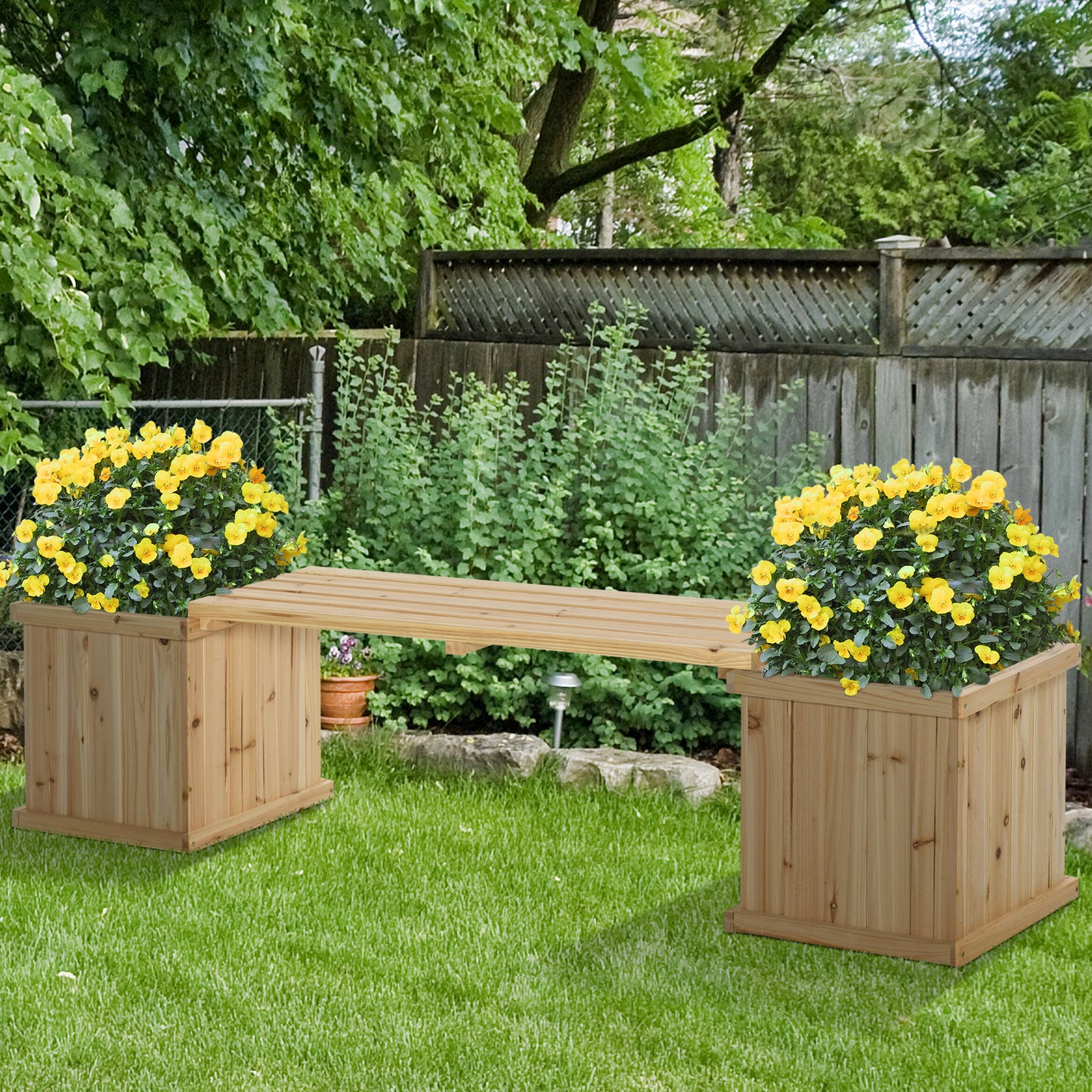 Outsunny Wooden Garden Planter & Bench Combination Garden Raised Bed Patio Park Natural