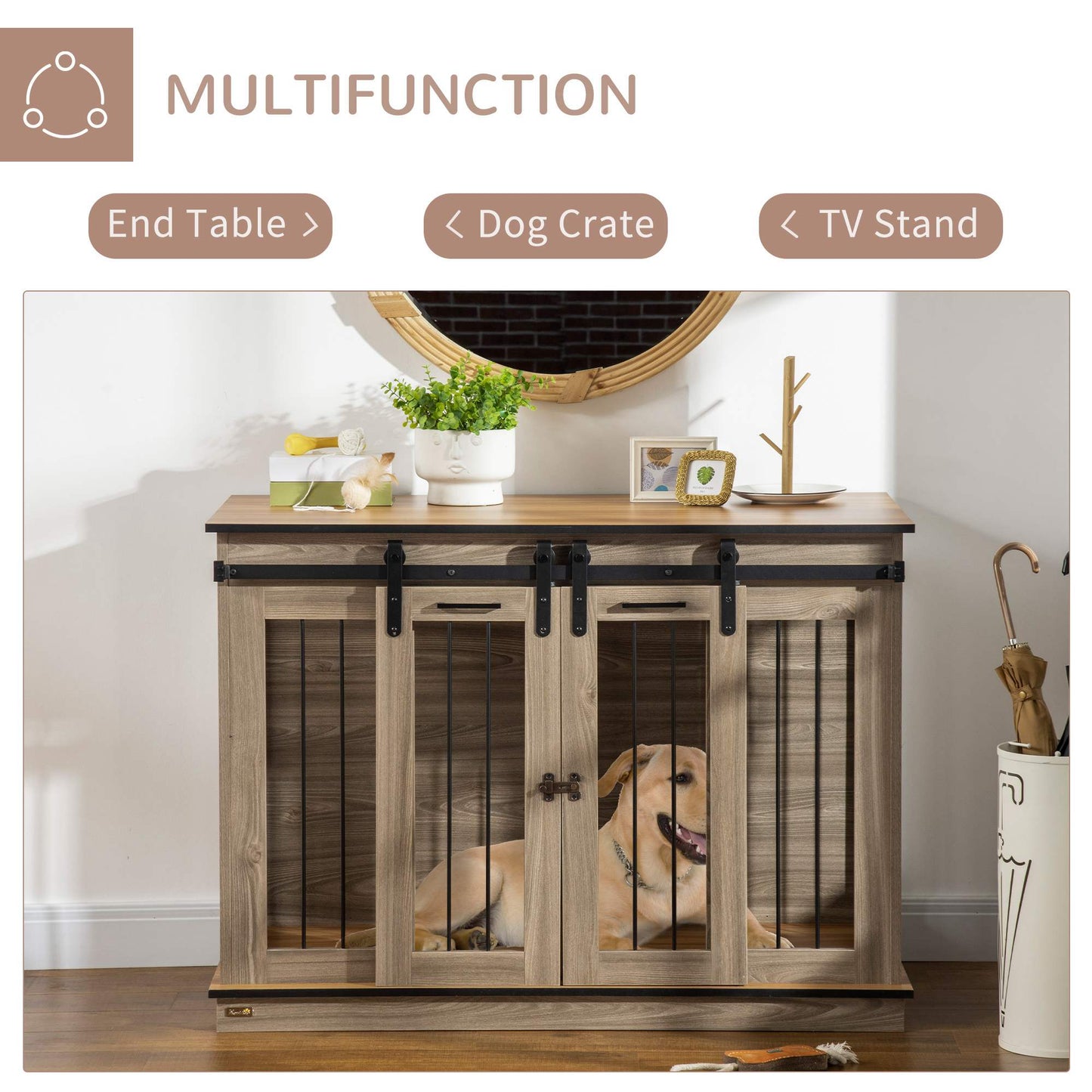 PawHut Dog Crate Furniture for Large Dogs Double Dog Cage for Small Dogs with Sliding Doors Oak Tone