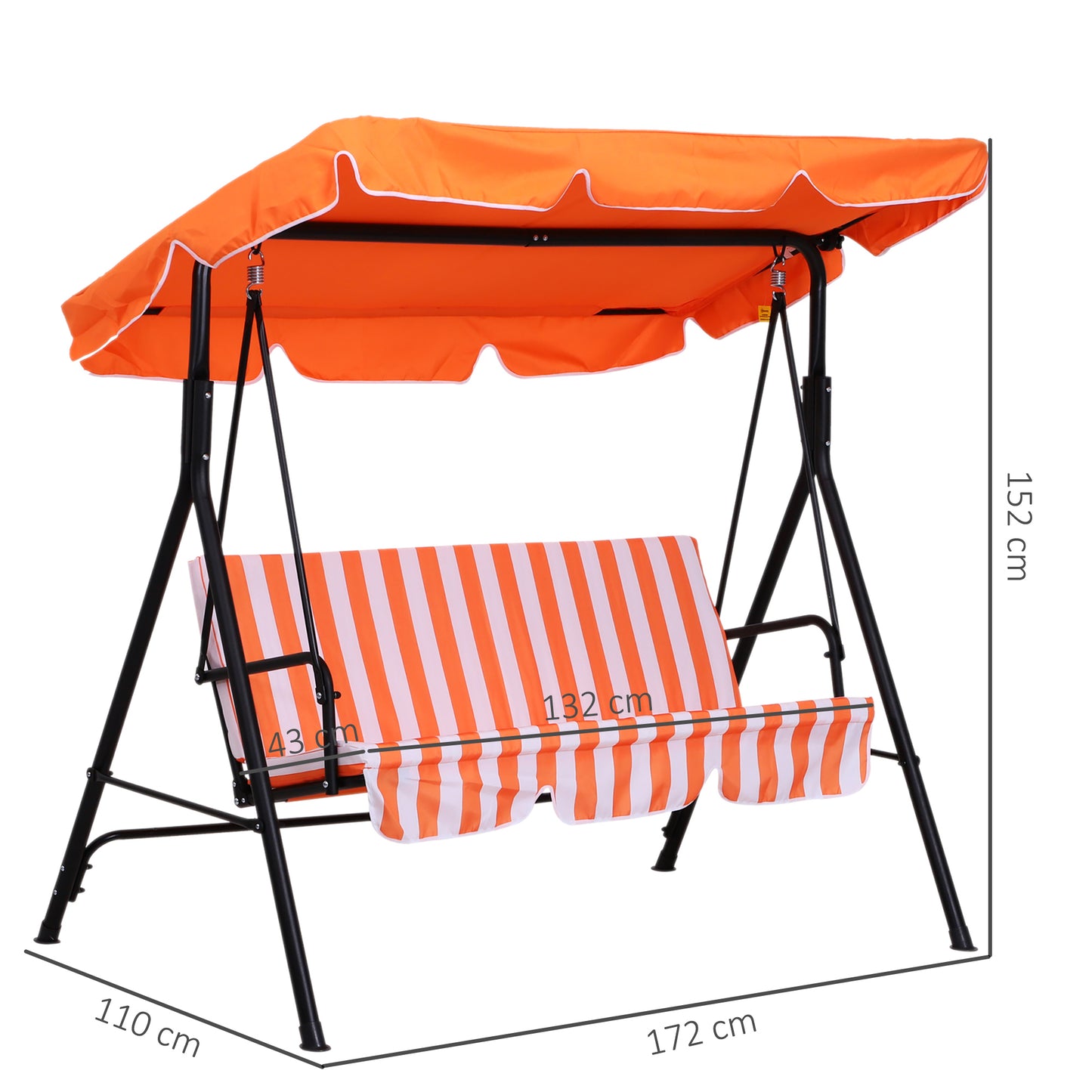 Outsunny 3 Seater Canopy Swing Chair Garden Rocking Bench Heavy Duty Patio Metal Seat w/ Top Roof - Orange