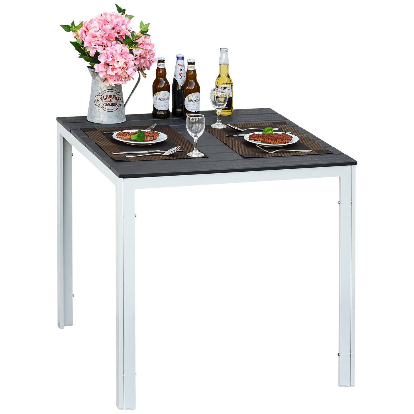 Outsunny Patio Garden Square Metal Table w/ PE Surface, for Porches, Backyards, Dark Grey
