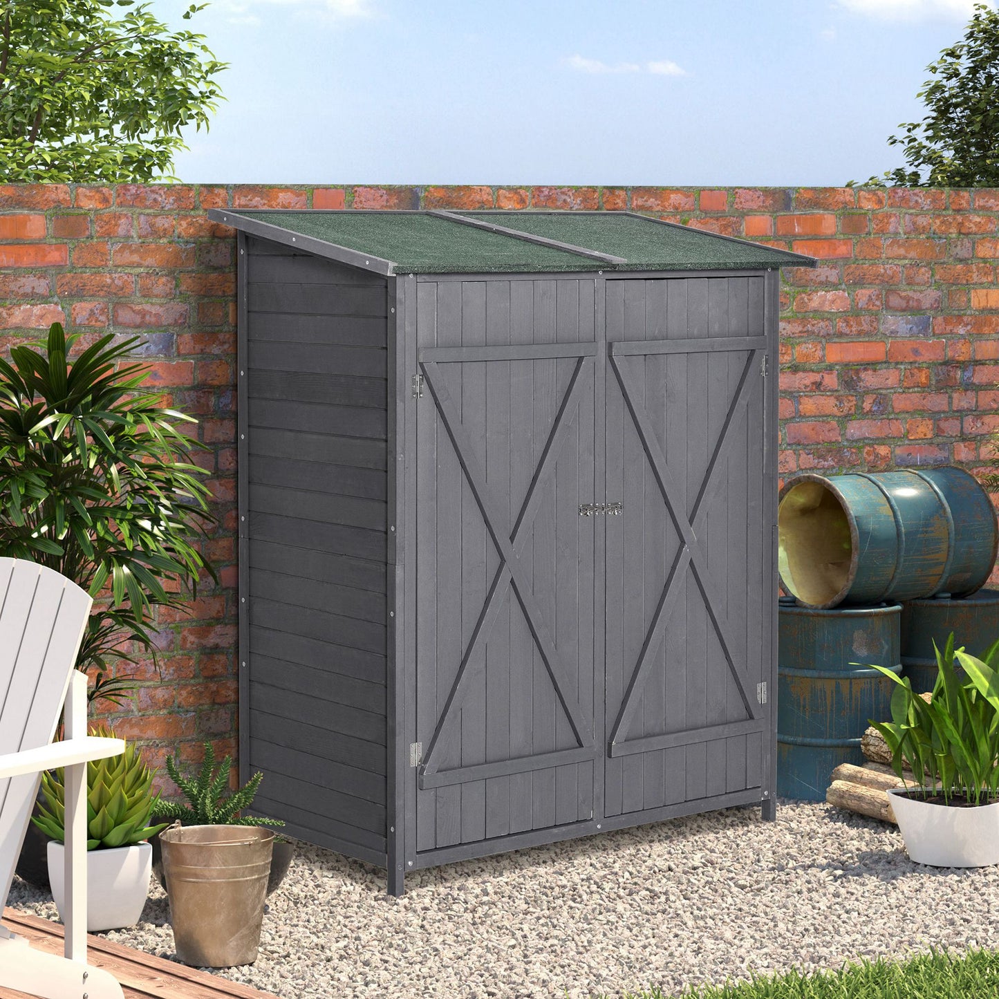 Outsunny Garden Wood Storage Shed w/ Storage Table, Asphalt Roof, Double Door, Grey