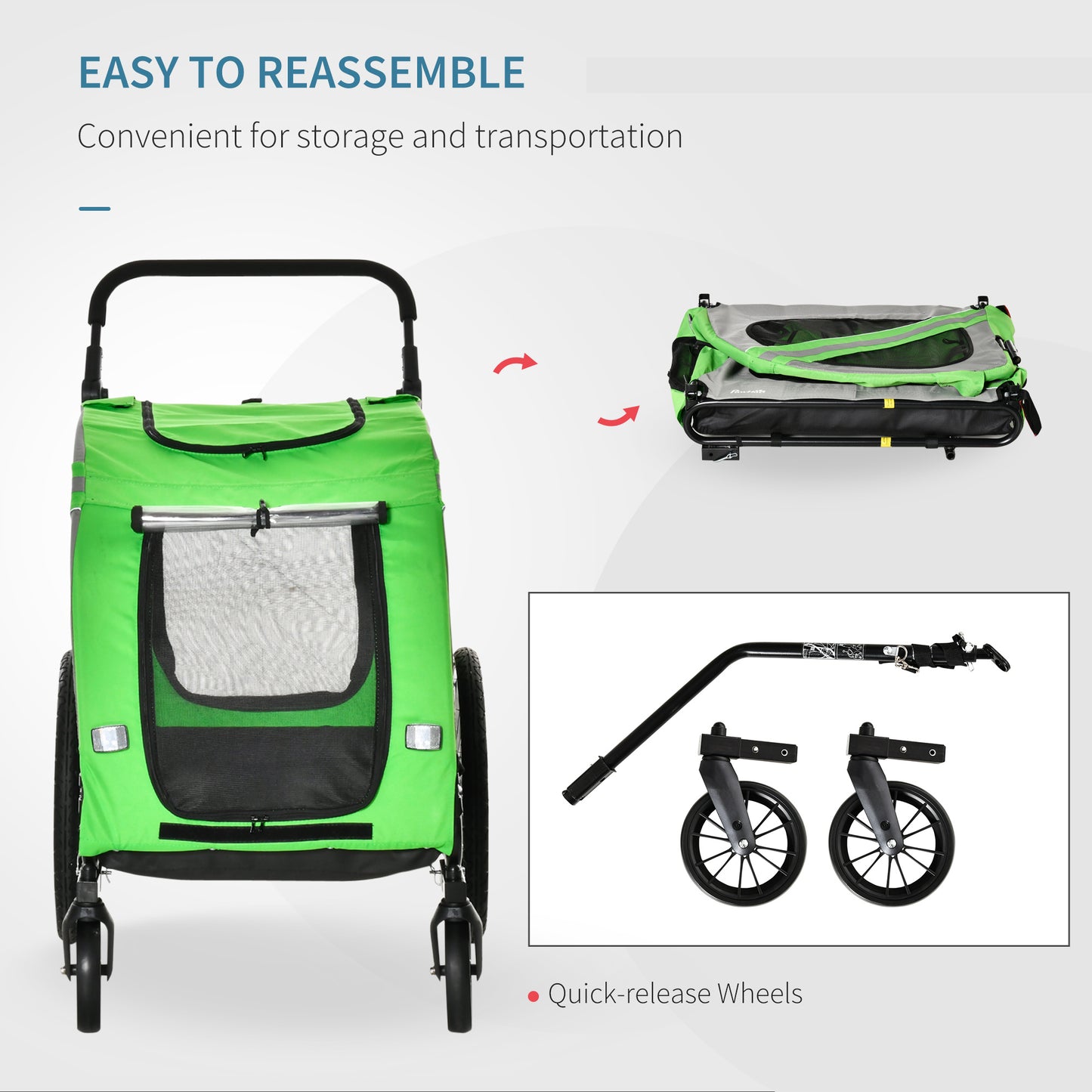 PawHut 2-In-1 Dog Bike Trailer Pet Stroller with Universal Wheel Reflector Flag Green