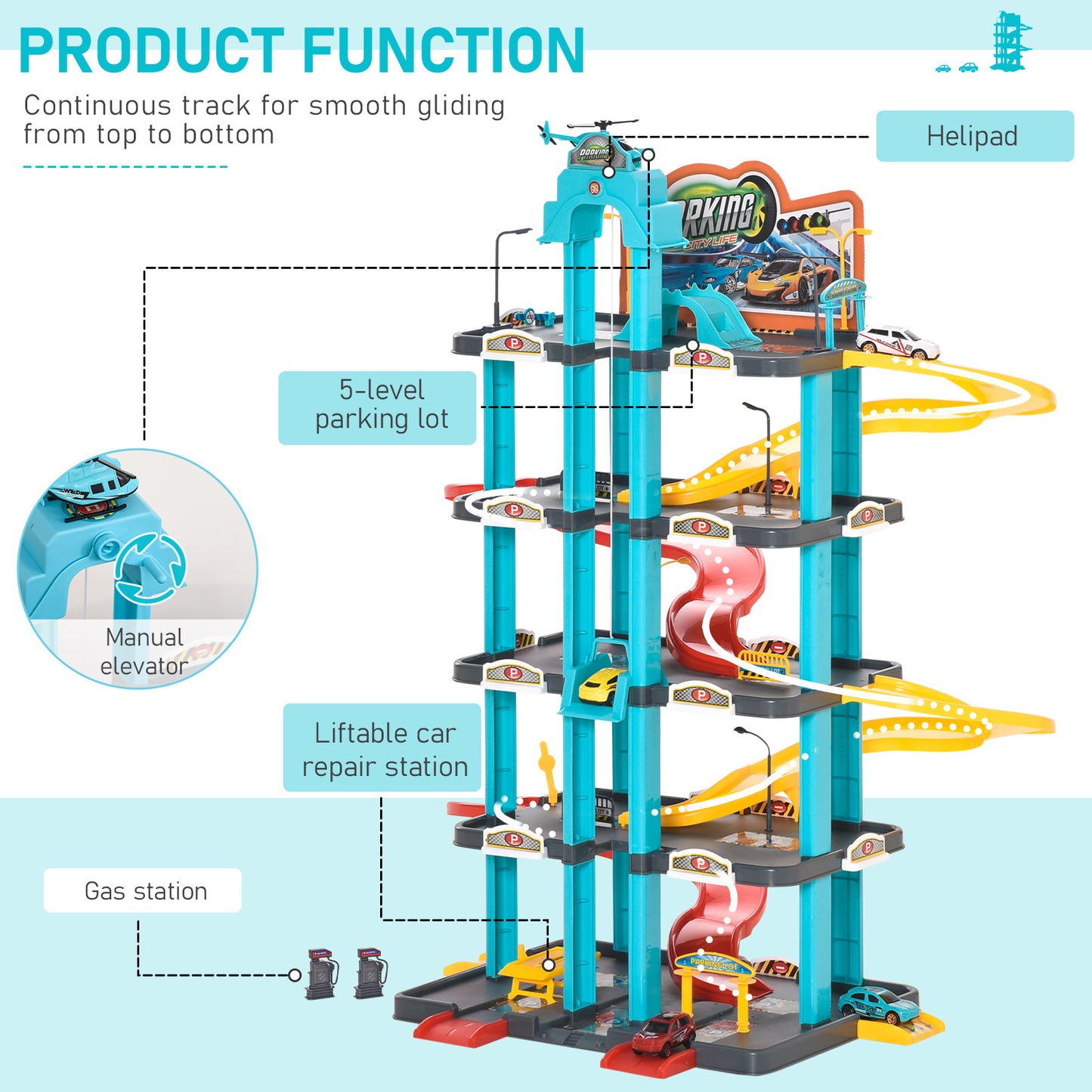 HOMCOM 5-Level Car Parking Garage Toy Race Tracks Car Ramp Set Toddler Car Games