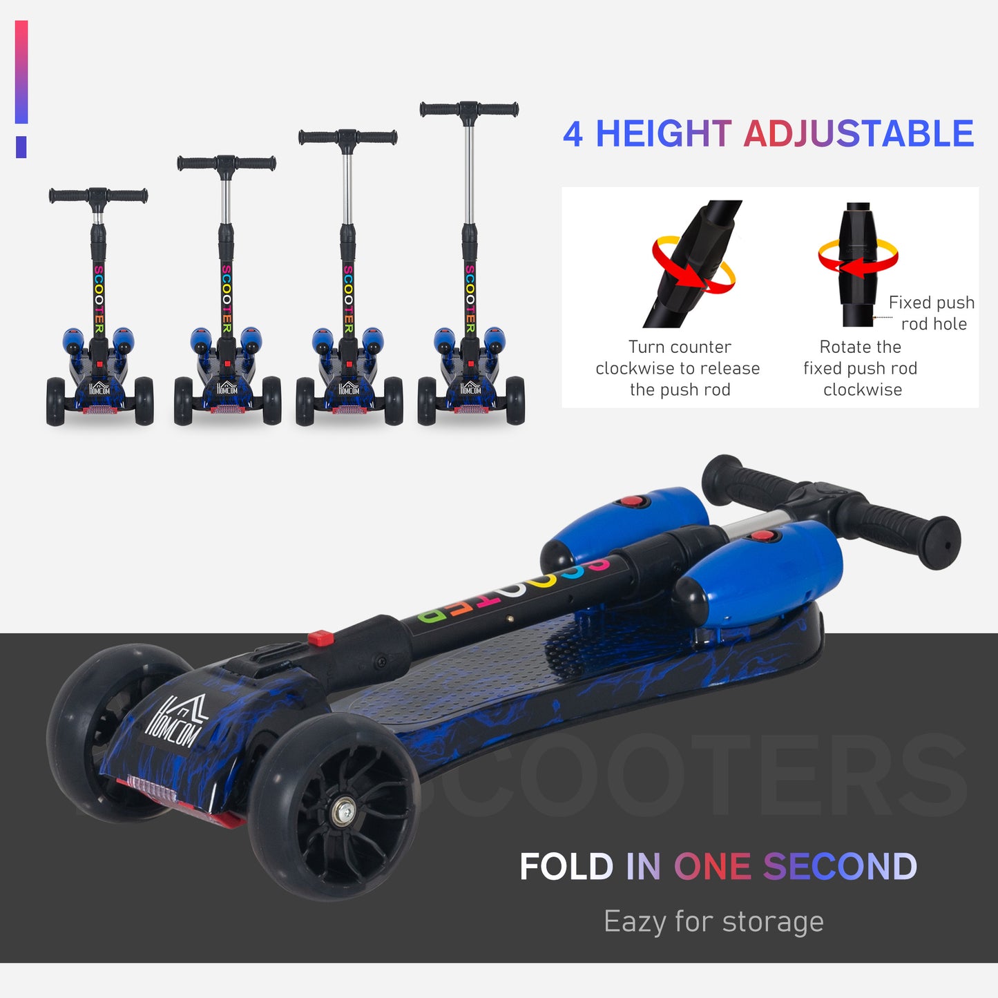 HOMCOM Kids Tri-Wheel Plastic Scooter w/ Engine-Look Water Spray Blue