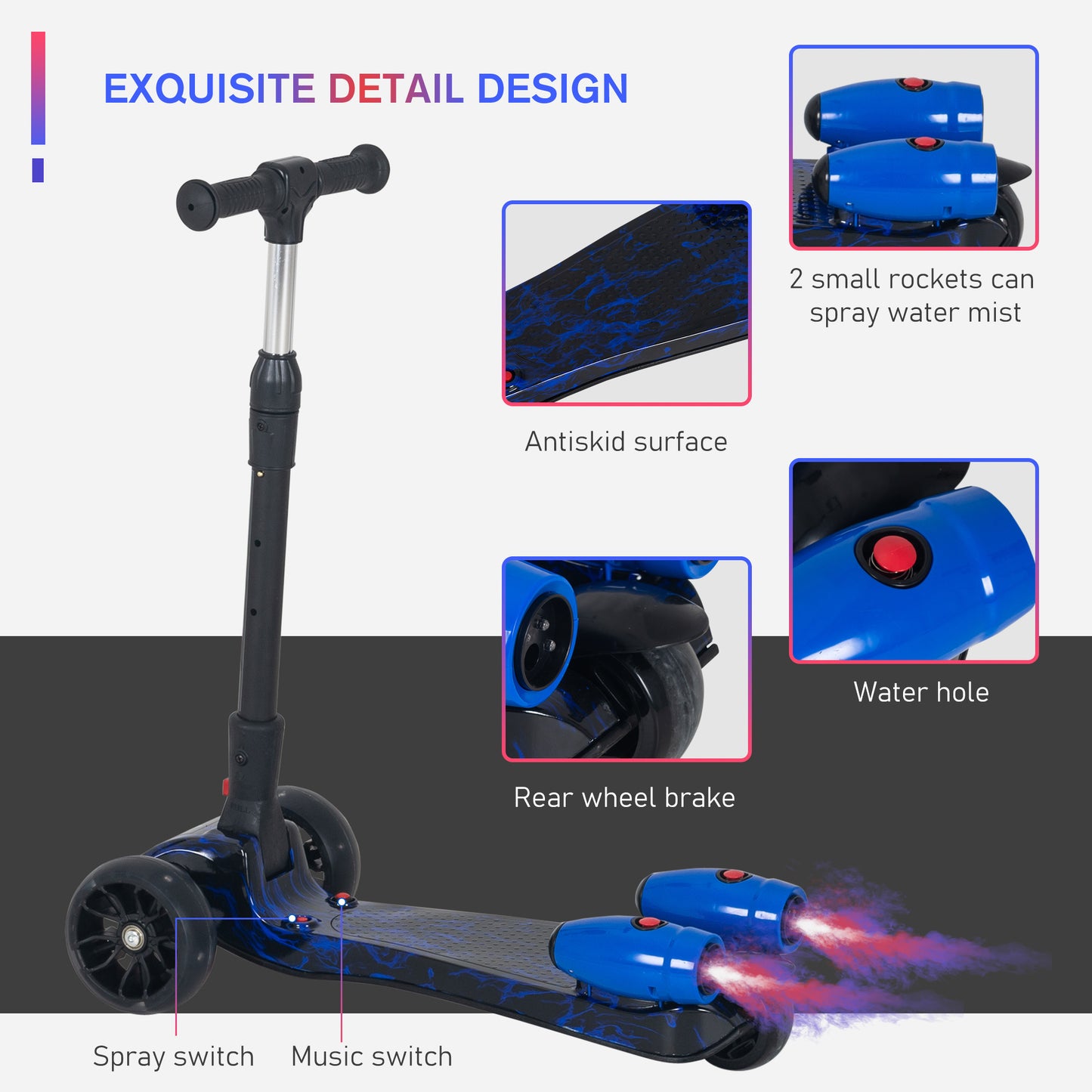 HOMCOM Kids Tri-Wheel Plastic Scooter w/ Engine-Look Water Spray Blue