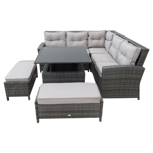 Outsunny 6 Pcs Dining Set W/PE Rattan Aluminium, 120W x 73D x 87Hcm-Grey Rattan Grey Covers