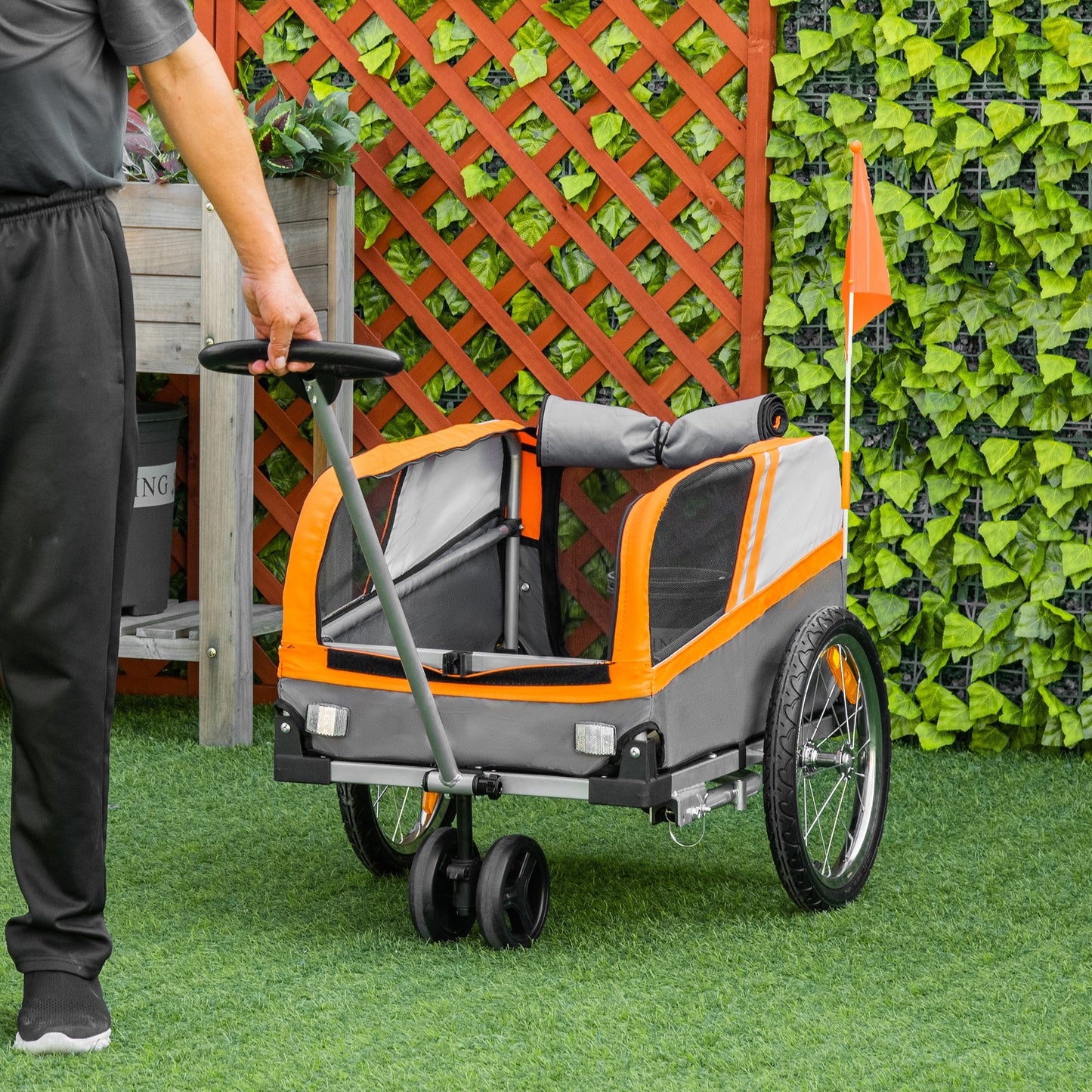 PawHut Dog Bike Trailer Two-In-One Pet Trolley Stroller Cart Bicycle Carrier Orange