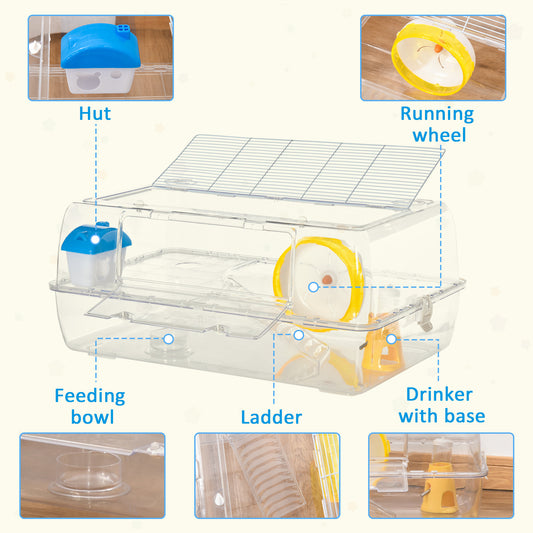 PawHut Portable 2 Storey Hamster Cage w/ Running Wheel Drinker Feeding Bowl