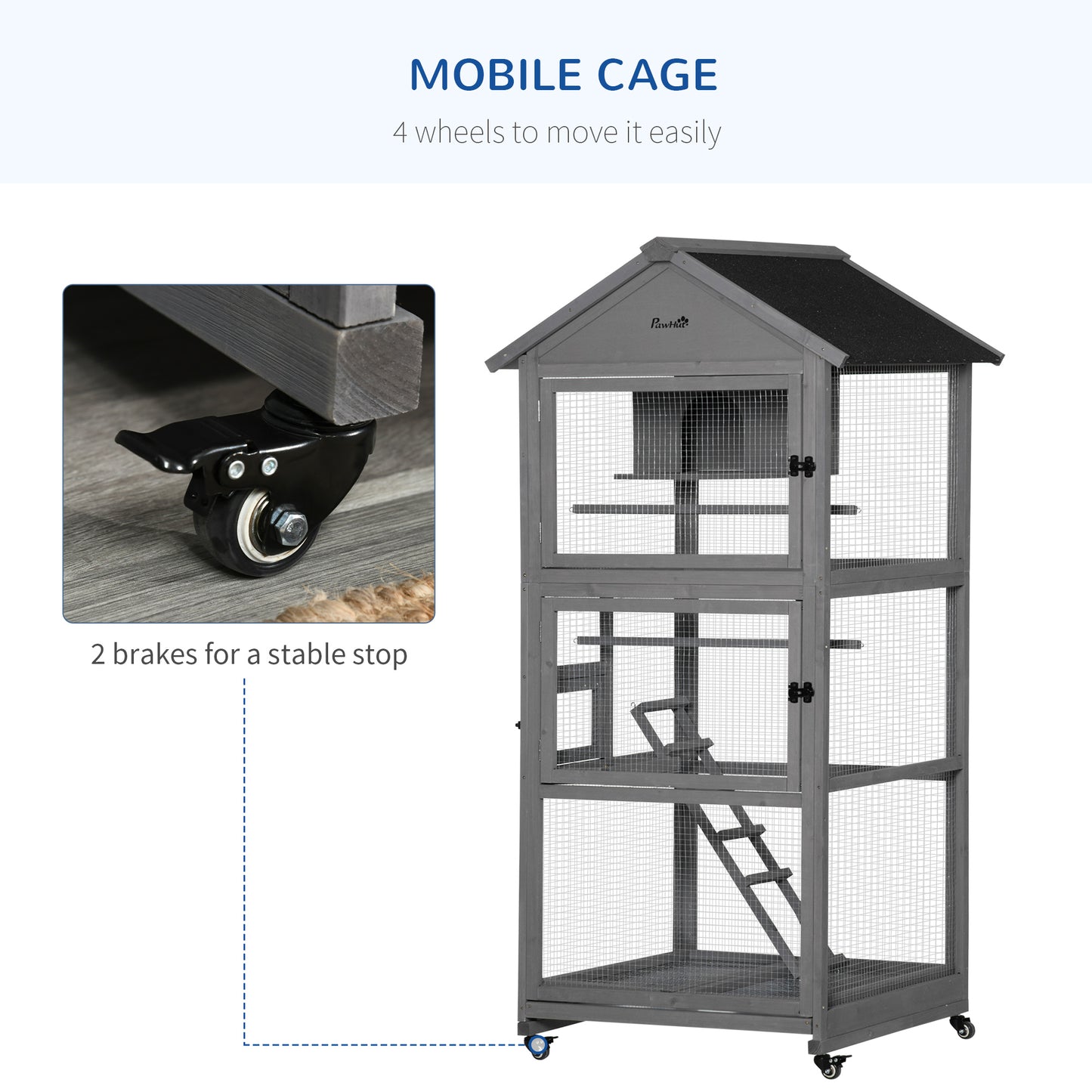 PawHut Bird Cage Mobile Wooden Aviary House for Canary Cockatiel Parrot with Wheel Perch Nest Ladder Slide-out Tray 86 x 78 x 180cm Dark Grey