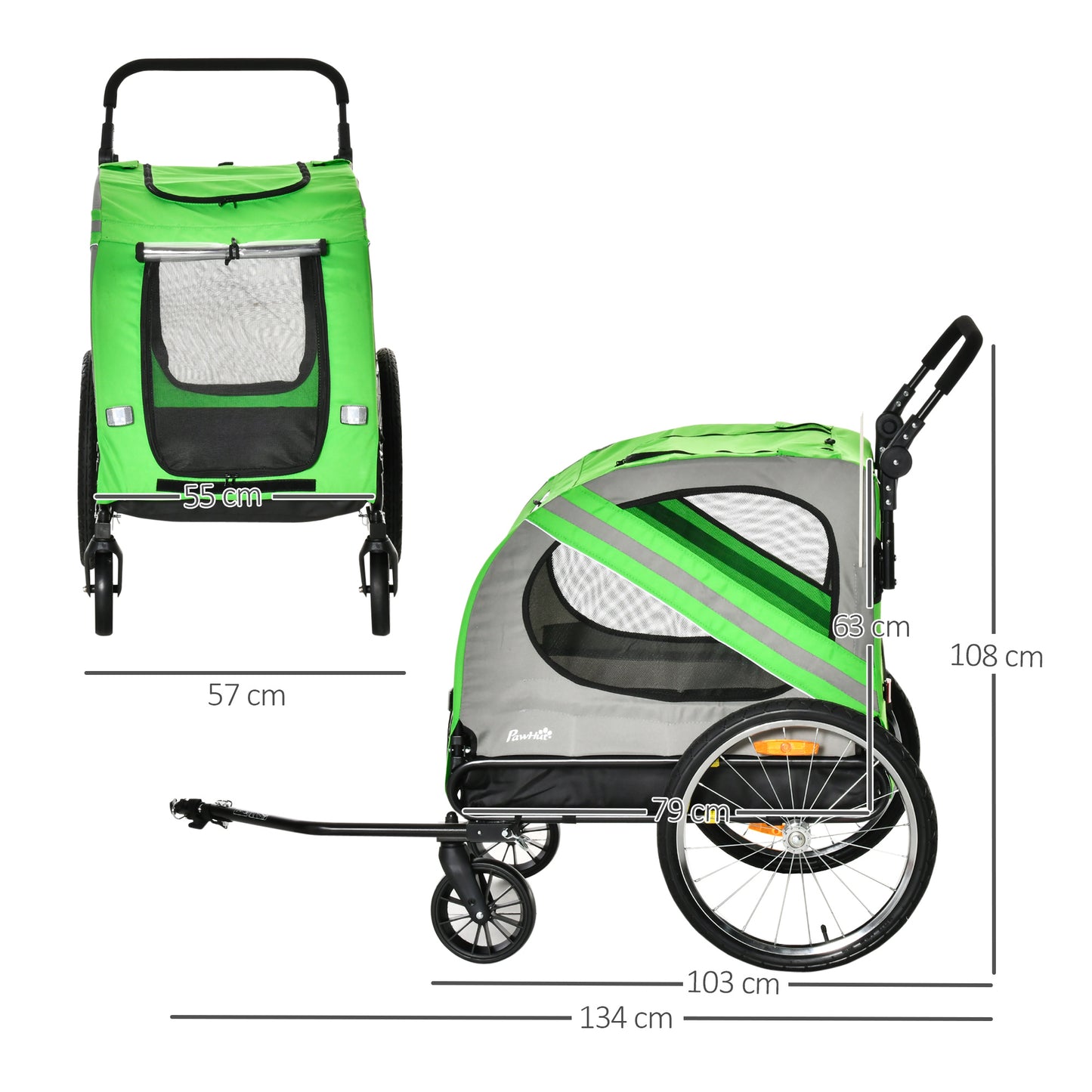 PawHut 2-In-1 Dog Bike Trailer Pet Stroller with Universal Wheel Reflector Flag Green