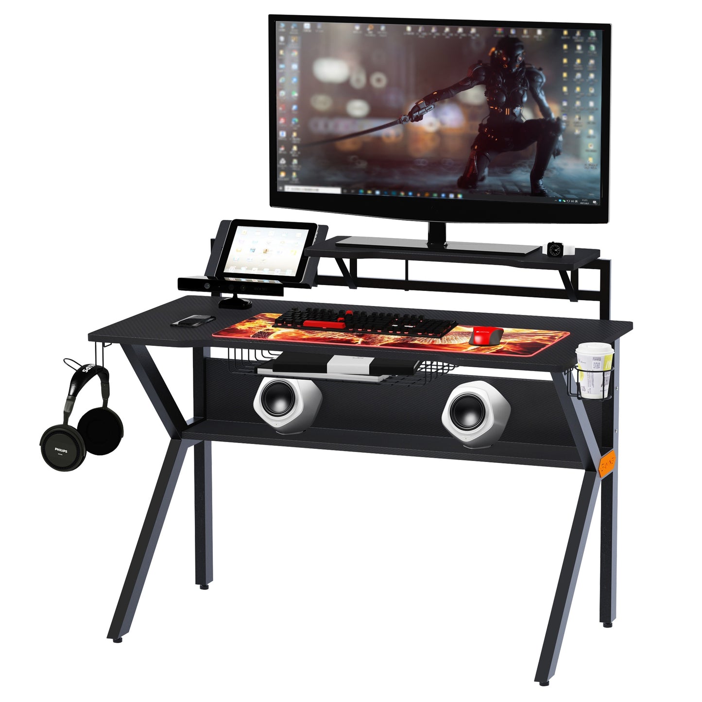 HOMCOM Metal Frame Gaming Computer Desk w/Cup Holder Headphone Hook & Cable Basket Black