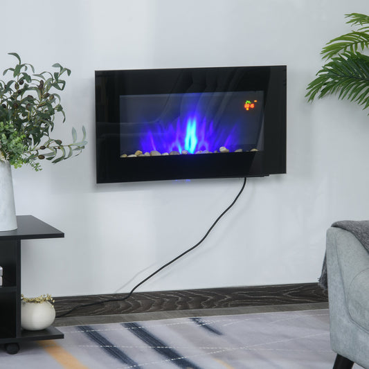 HOMCOM 1000W Wall Mounted Tempered Glass Electric Fireplace Heater Black