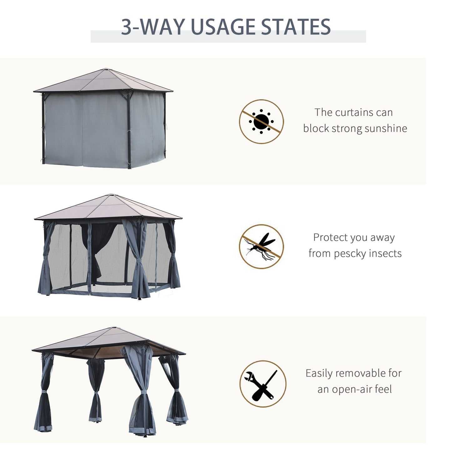 Outsunny 3m x 3m Hardtop Metal Frame Mesh Draped Gazebo Grey