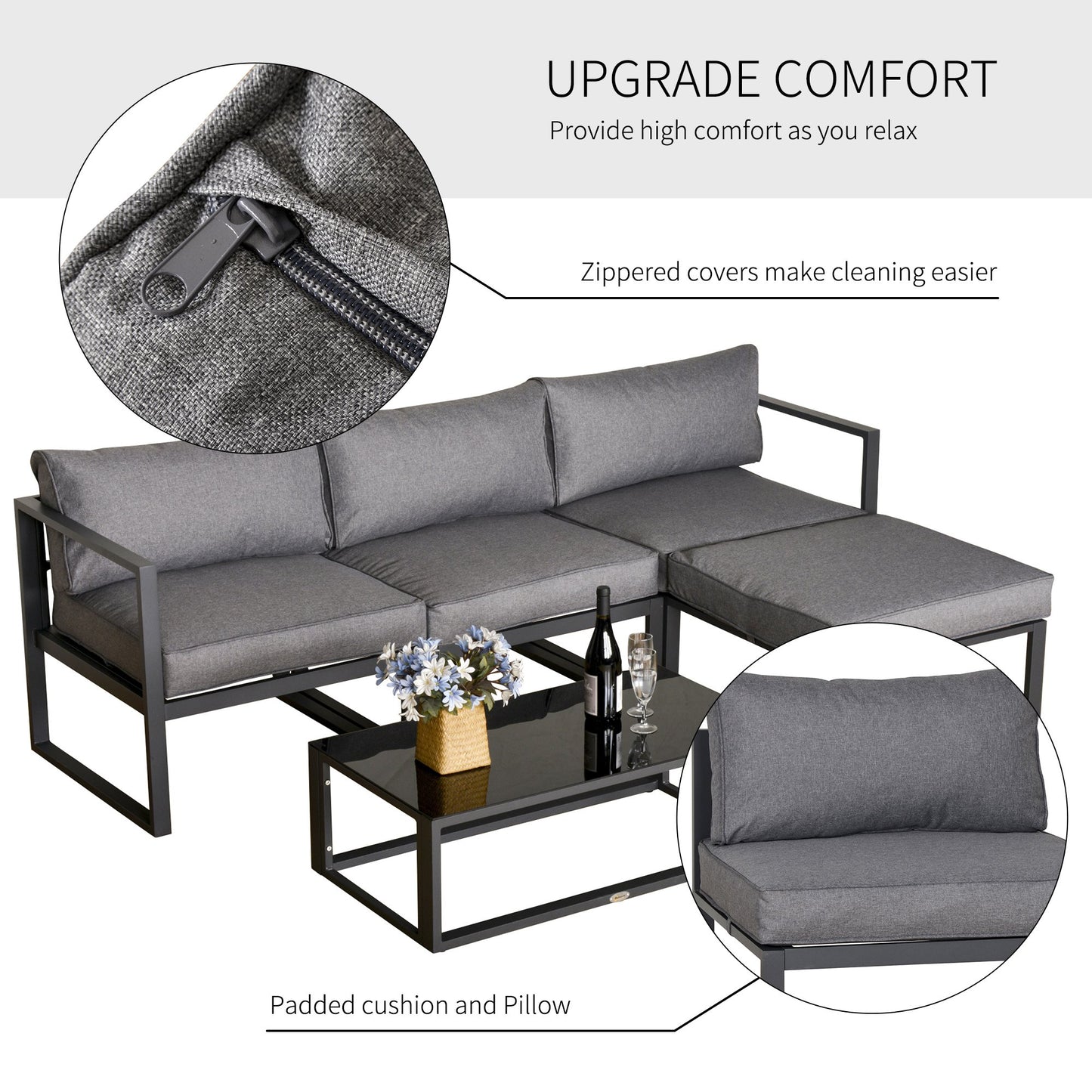 Outsunny 5 Pieces Outdoor Patio Furniture Set with Glass End Table Padded Cushion Grey