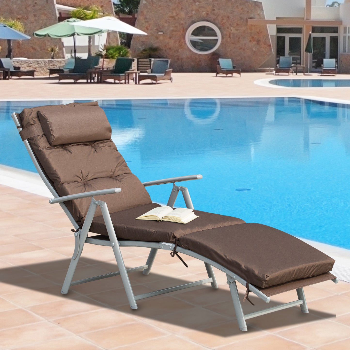 Outsunny Steel Frame Outdoor Garden Padded Sun Lounger w/ Pillow Brown