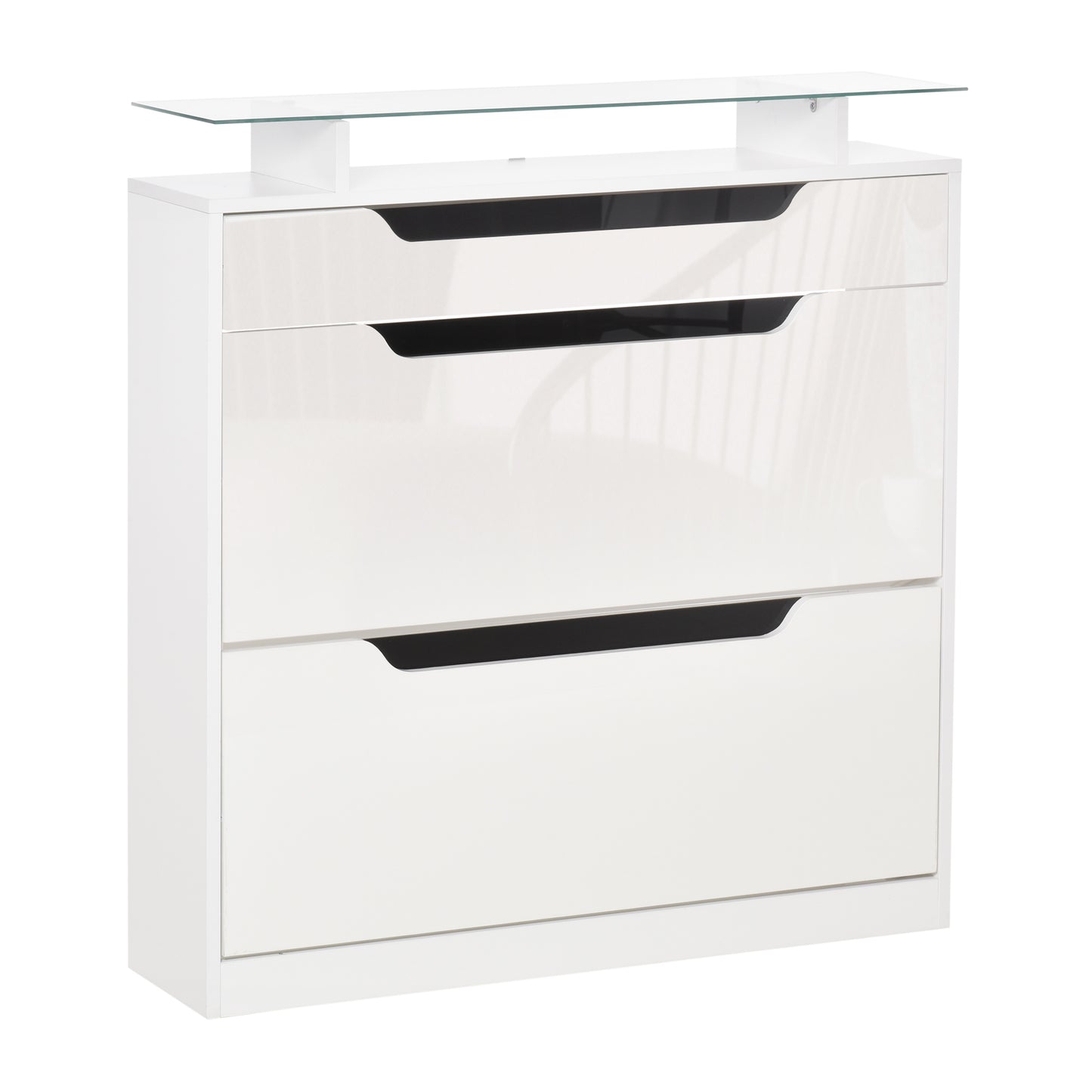 HOMCOM Shoe Cabinet with 3 Drawers Storage Cupboard w/ Flip Door Glass Top Gloss White