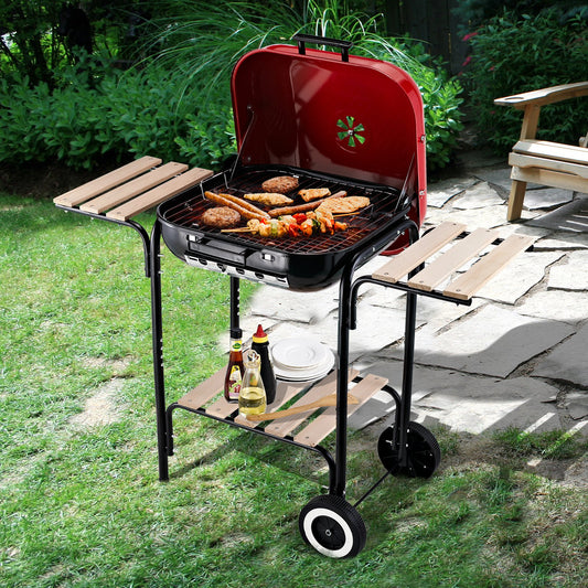 Outsunny Charcoal Portable Grill W/Wheels, 98Lx49Wx81H cm-Black/Red