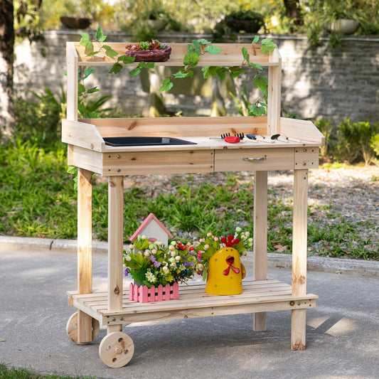 Outsunny Wooden Potting Bench Work Table with 2 Removable Wheels, Sink, Drawer & Large Storage Spaces, 92x45x119cm Wheels Drawer