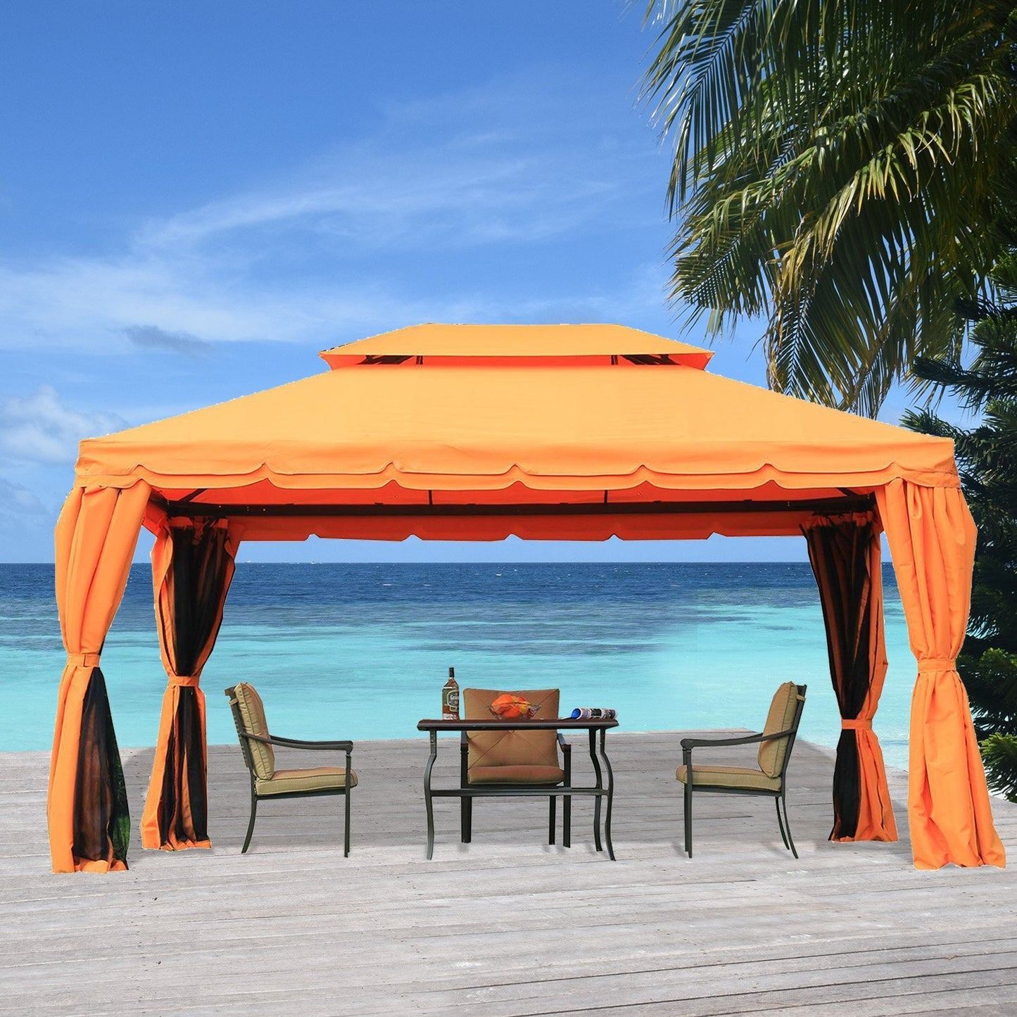 Outsunny 3m x 4m Aluminium Frame Polyester Draped 2-Tier Roof Gazebo Orange