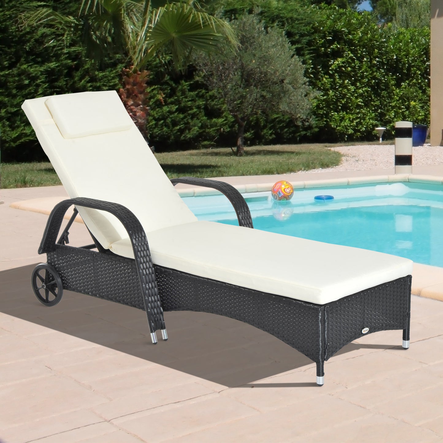 Outsunny Adjustable Steel Frame Rattan Sun Lounger, 200Lx73Wx56-103H cm-Black