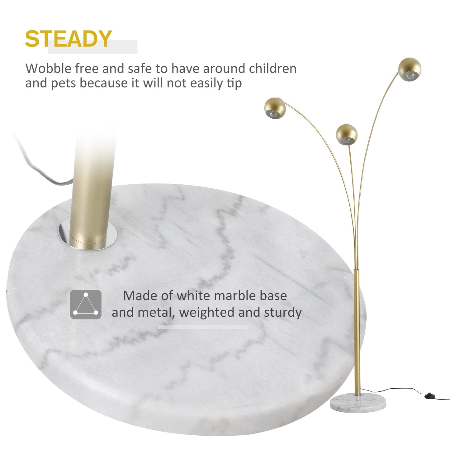 HOMCOM Steel 3-Branch Floor Lamp Gold