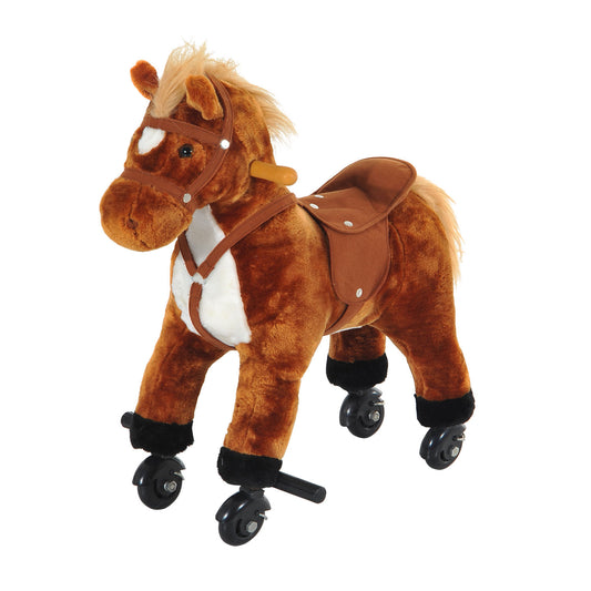 HOMCOM Rocking Horse W/ Rolling Wheels and Sound-Brown