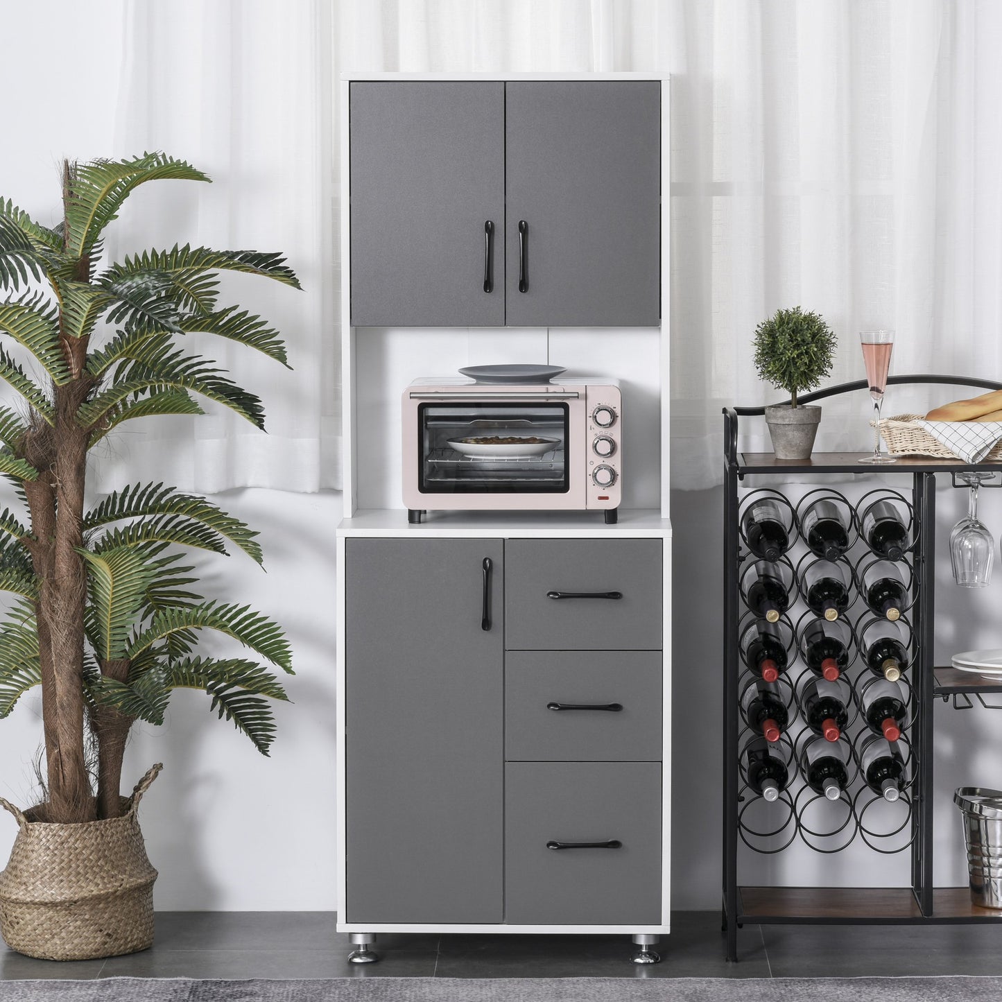 HOMCOM Modern Kitchen Pantry Cabinet Storage Cupboard with Open Countertop Grey