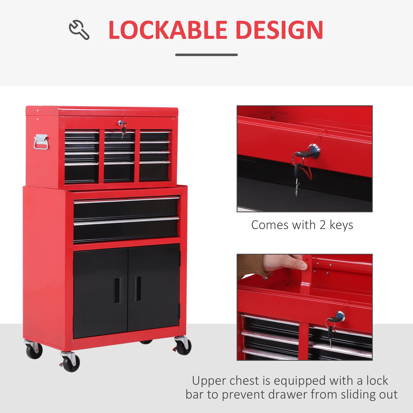 HOMCOM Metal ToolboxTrolley Portable Chest Box Rollcab Cabinet Garage Storage 6 Drawers-Black/Red