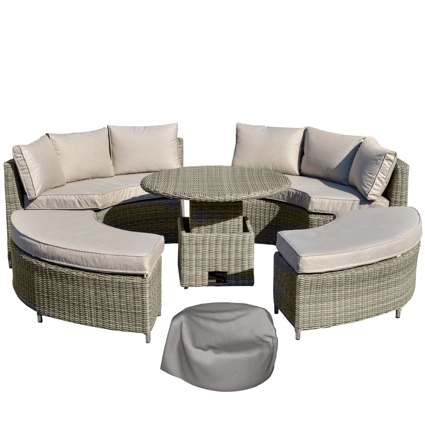 Outsunny 5 PCs Outdoor Rattan Lounge Chair Round Daybed Table Conversation Set w/ Cushion