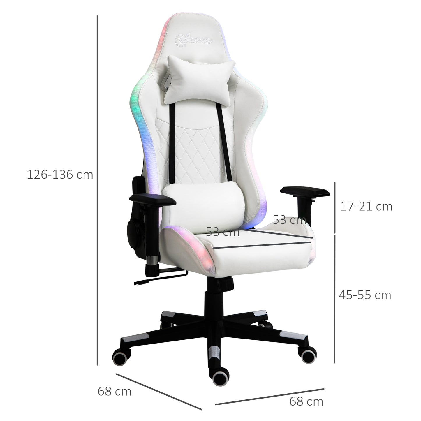 Vinsetto Gaming Chair w/ RGB LED Light, Arm, Swivel Home Office Gamer Recliner, White