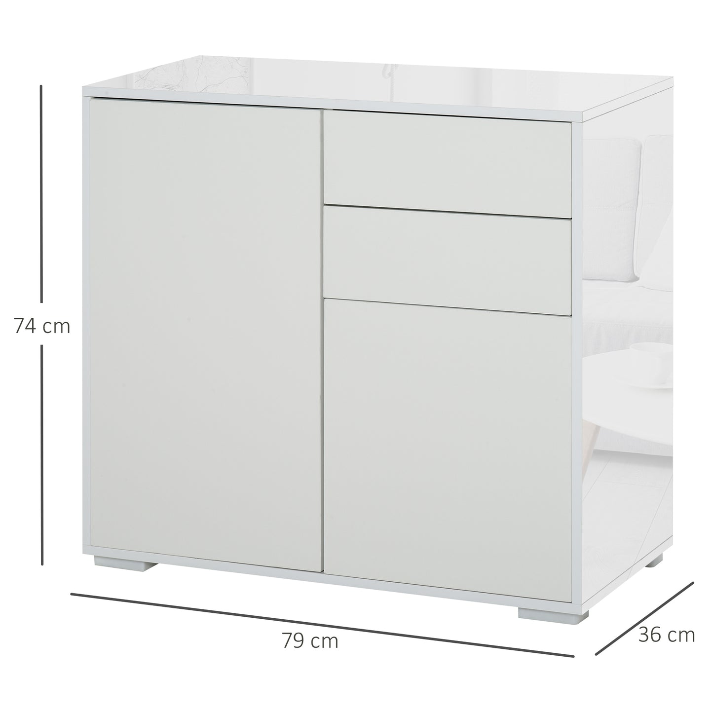 HOMCOM Push-Open Cabinet with 2 Drawer 2 Door Storage Cabinet for Home Office White