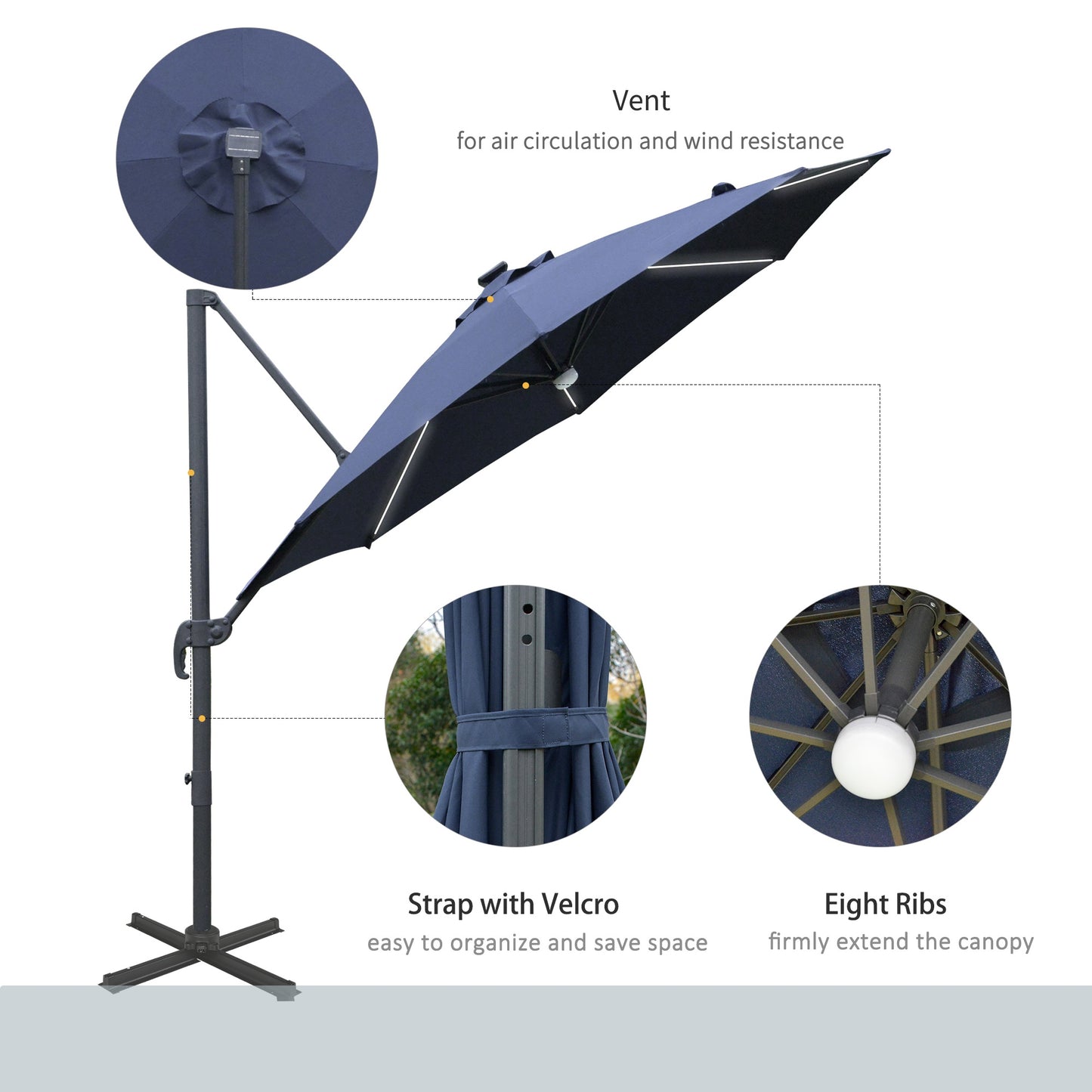 Outsunny 3(m) LED Cantilever Parasol Outdoor Sun Umbrella w/ Base Solar Lights Blue