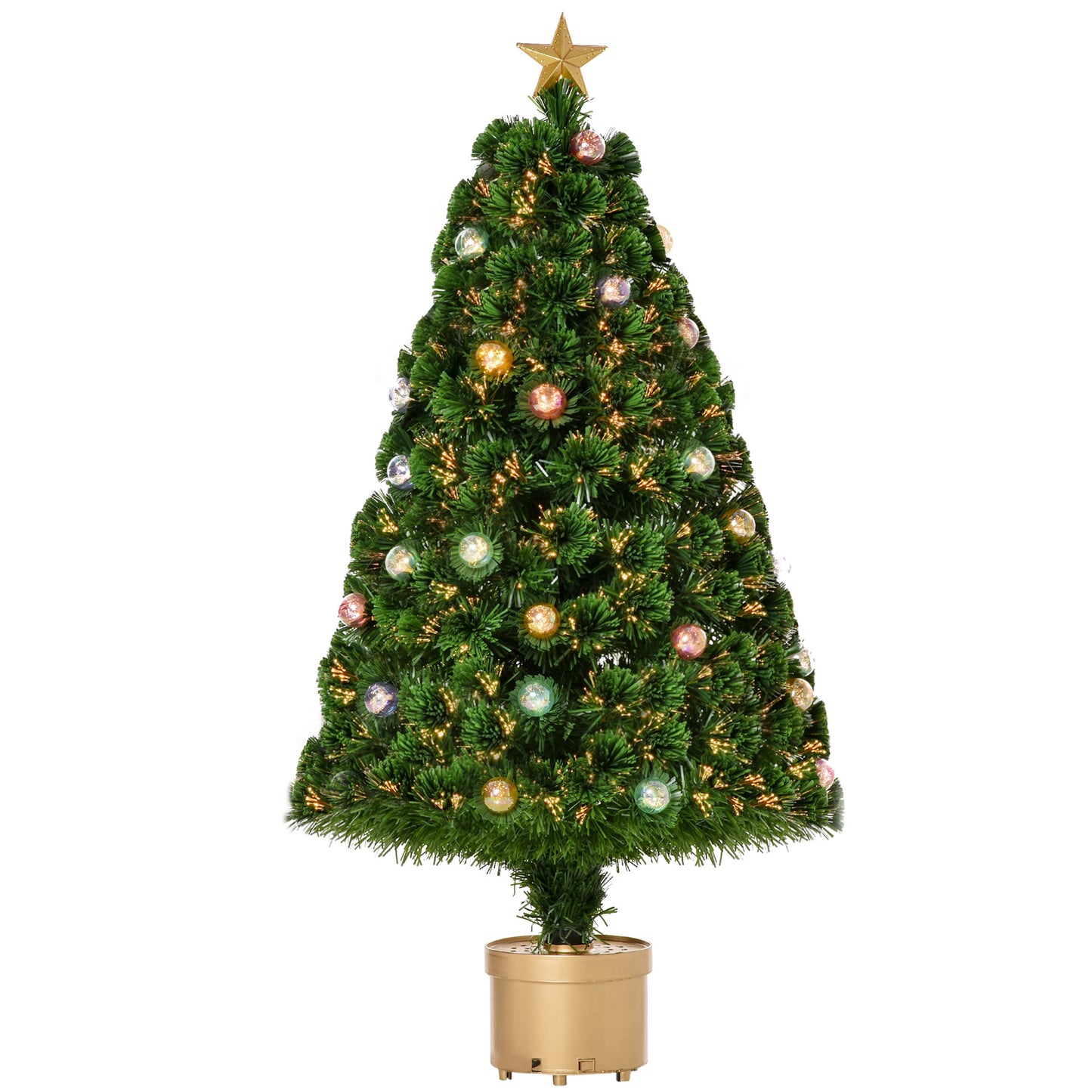 HOMCOM 4FT Prelit Artificial Christmas Tree Fiber Optic Xmas Tree w/ Golden Stand