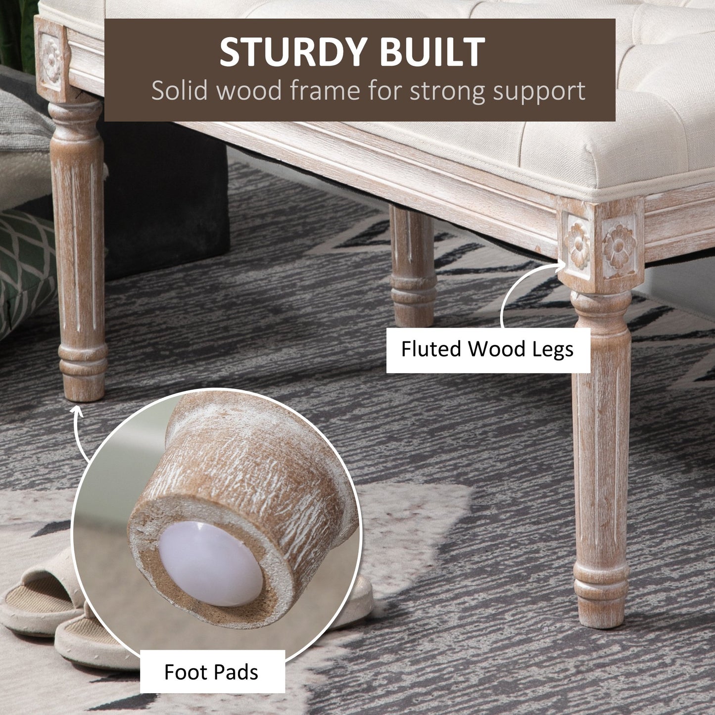 HOMCOM Accent Bench Tufted Upholstered Foot Stool Linen-Touch Fabric Ottoman Beige