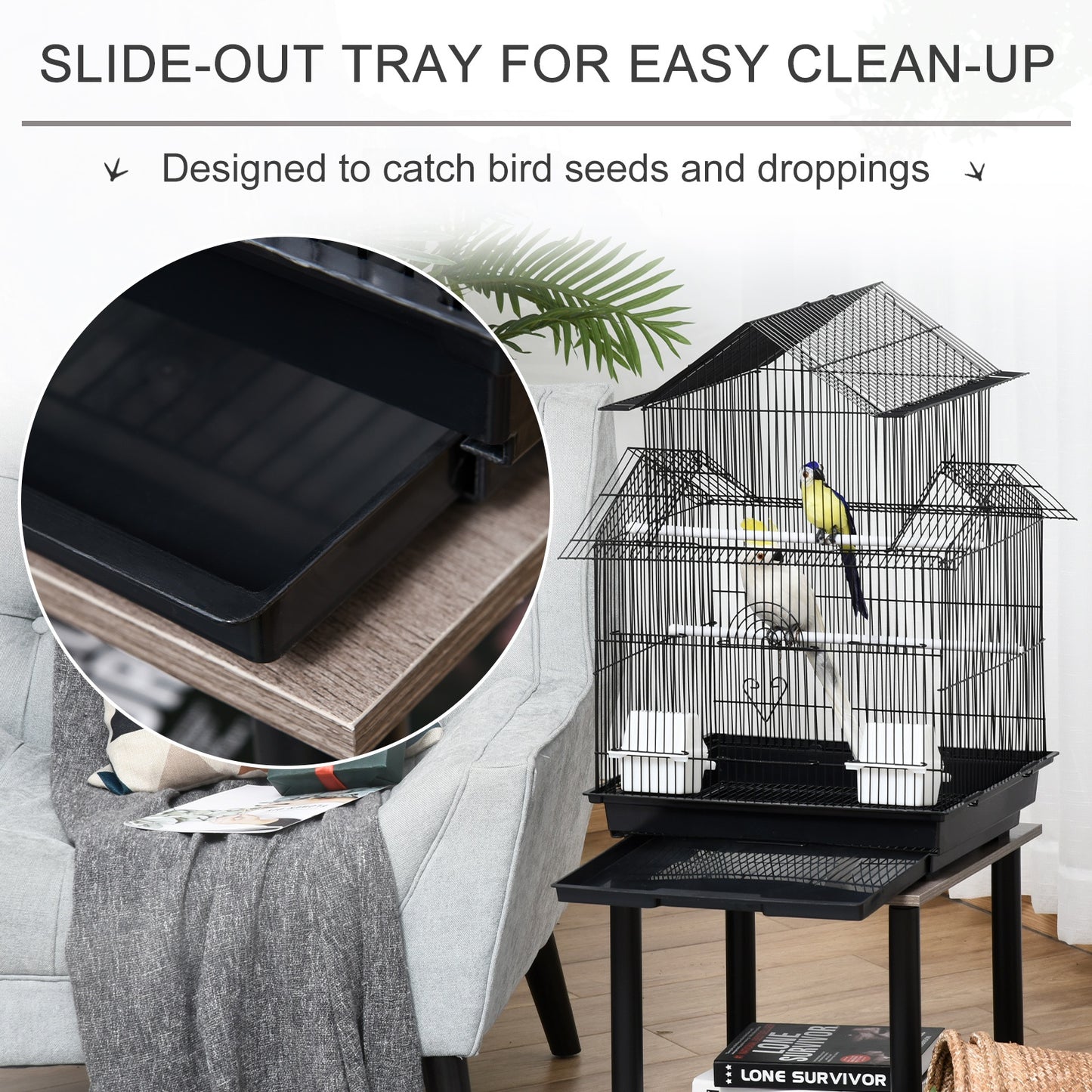 PawHut Metal Bird Cage w/ Plastic Perch Food Container Handle Small 51 x 40 x 67cm Black