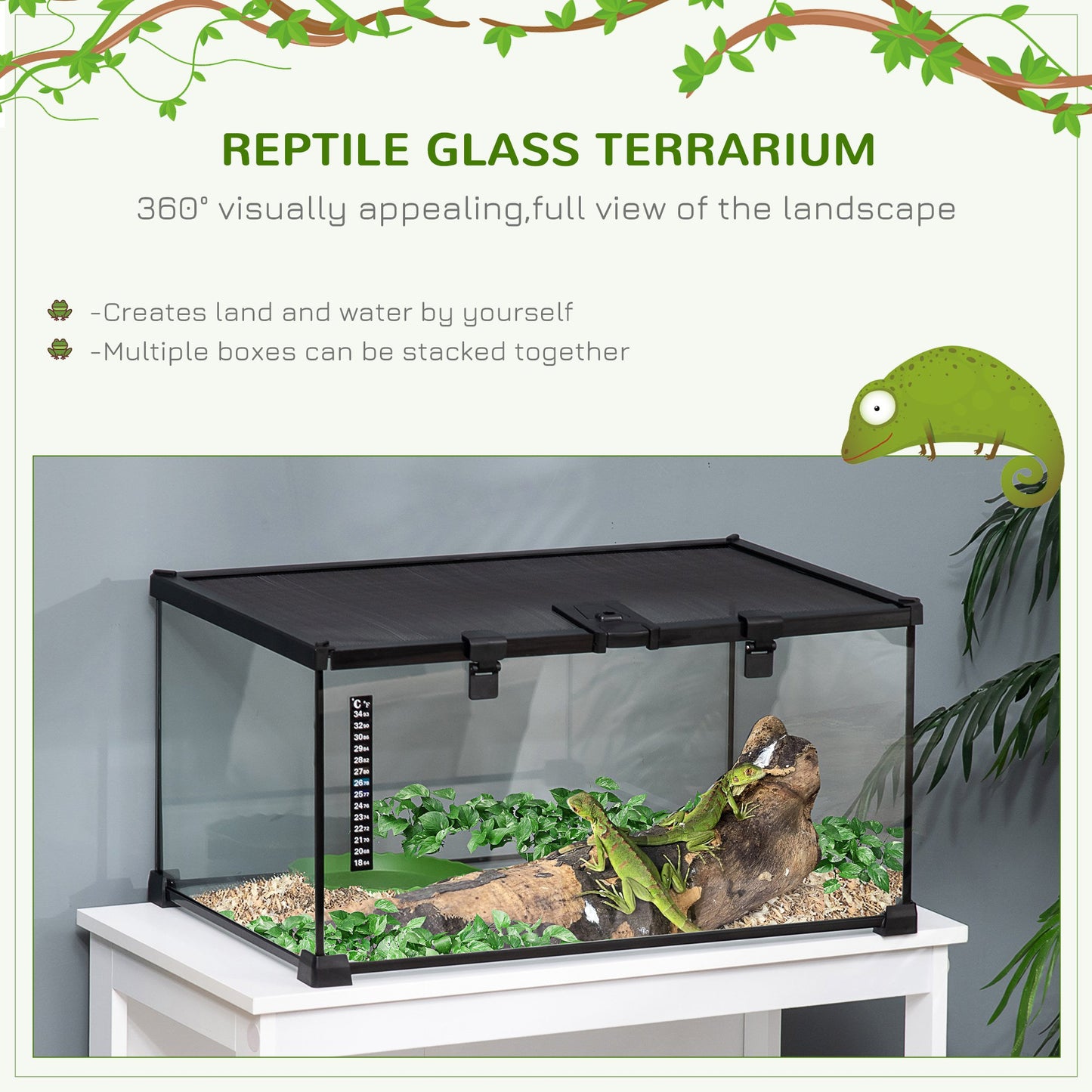 PawHut 50 x 30 x 25 cm Reptile Terrarium for Lizards, Horned Frogs, Snakes, Black