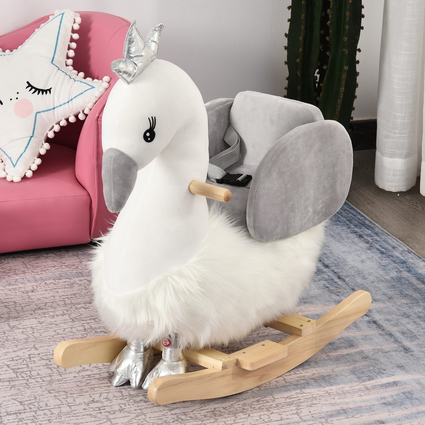 HOMCOM Toddlers Swan Plush Rocking Ride On w/ Sound White/Grey