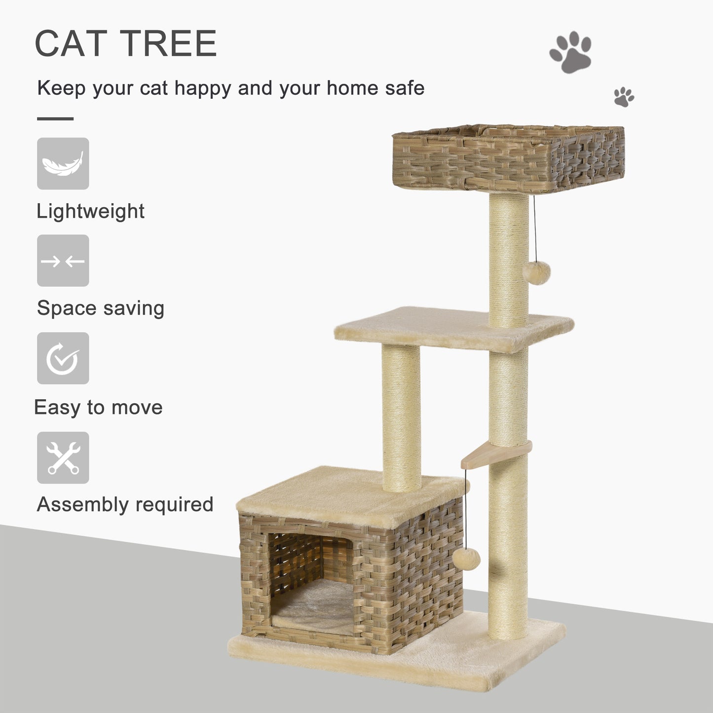 PawHut Cat Tree Tower Climb Activity Centre Kitten Rattan 60 x 40 x 109cm