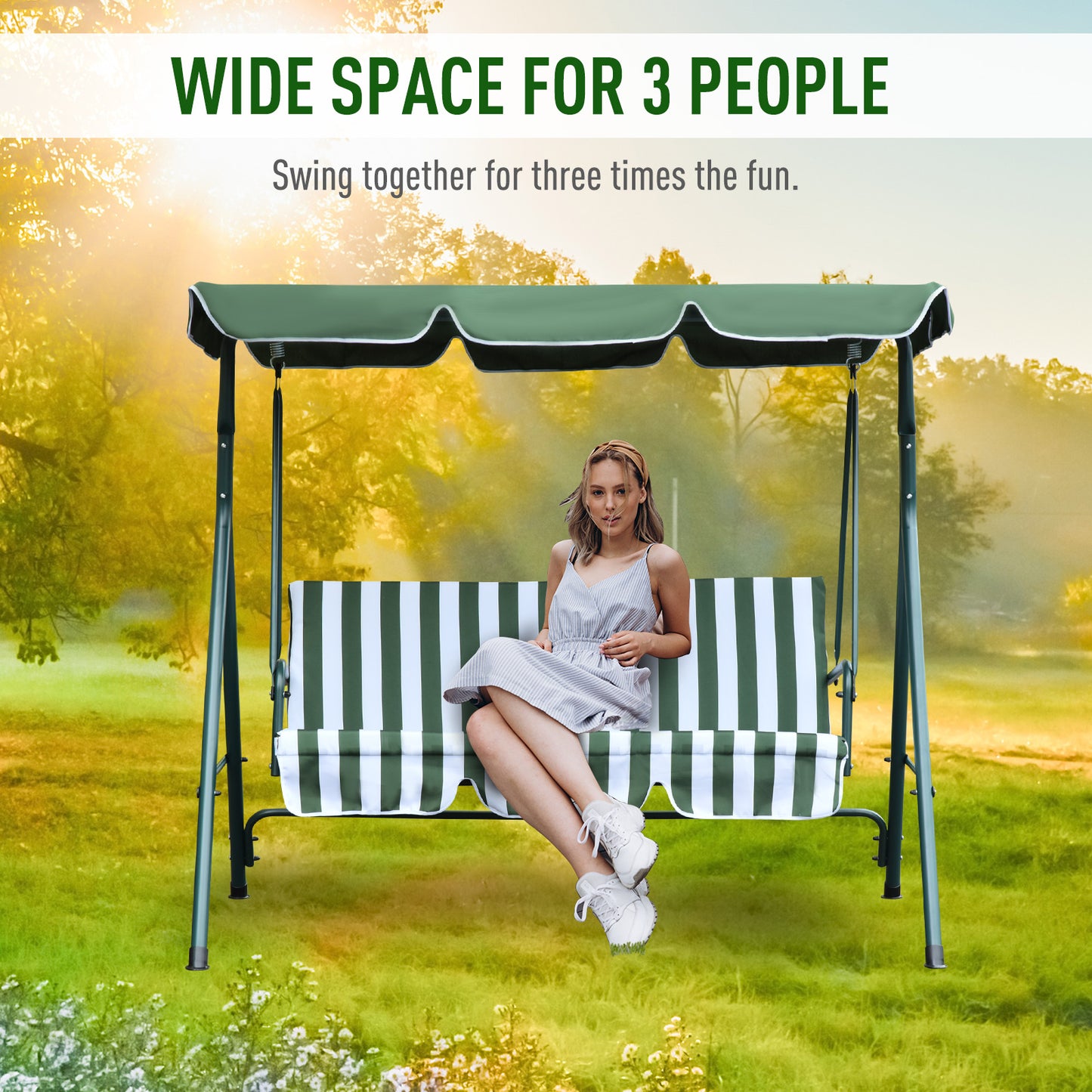 Outsunny Steel 3-Seater Swing Chair w/ Adjustable Canopy Green