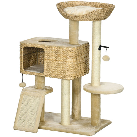 PawHut 95cm Cat Tree Tower for Indoor Cats with Scratching Post Cat House Toy Ball Platform Beige