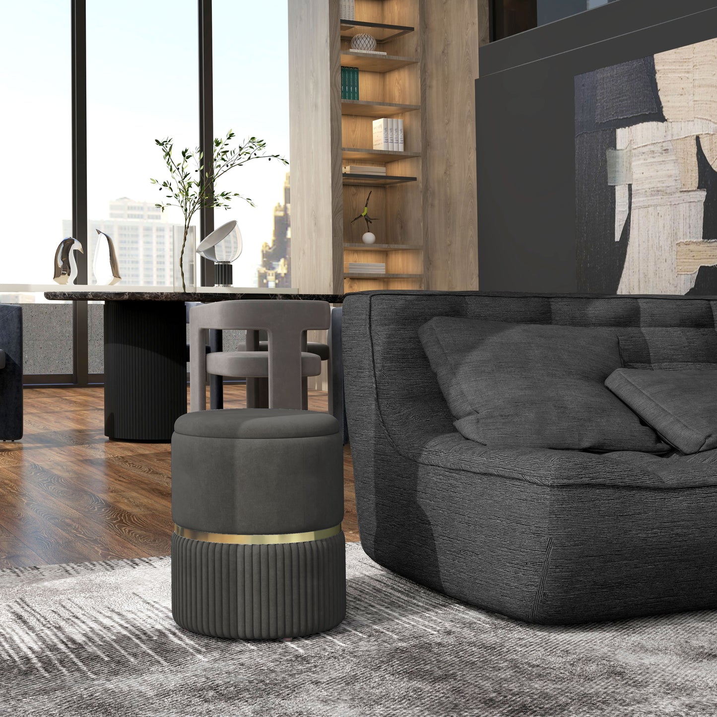 HOMCOM Round Ottoman Stool with Storage, Velvet-feel Fabric Upholstered Pouffe Foot Stool with Padded Seat and Hidden Space