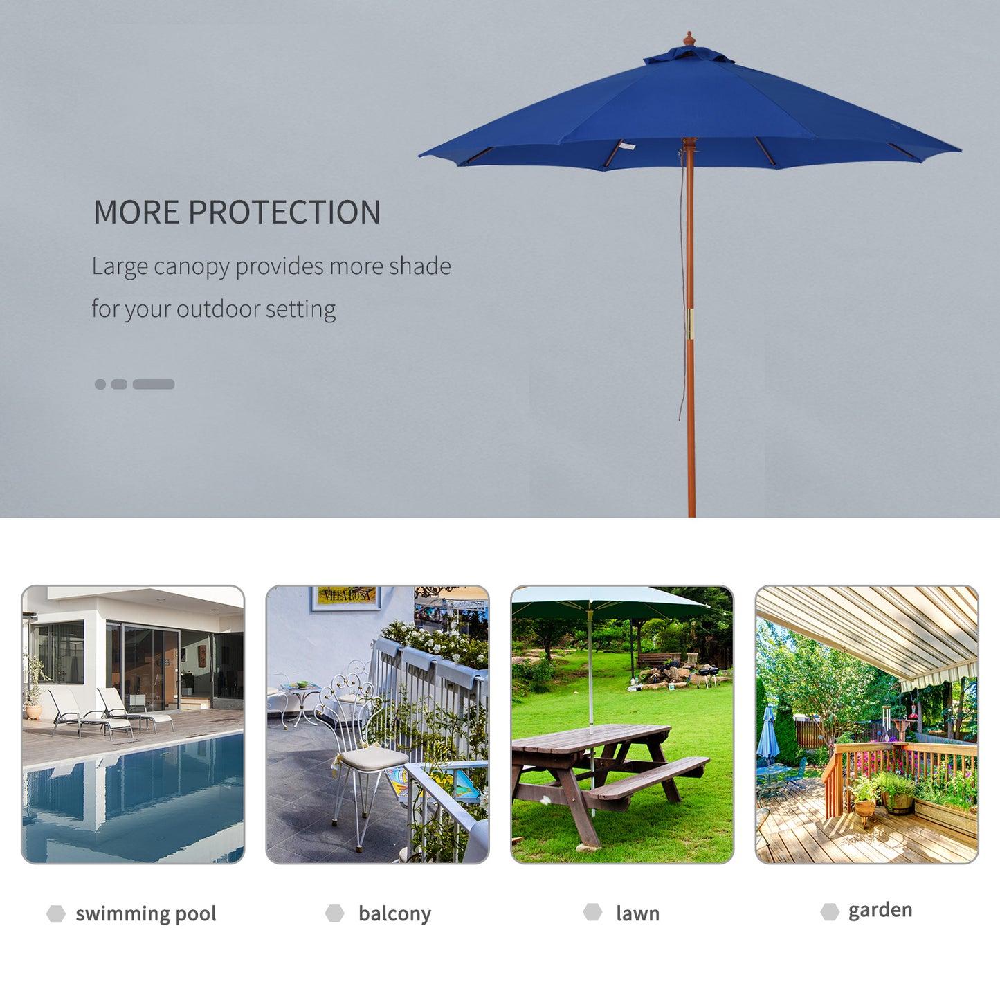 Outsunny 2.5m Wood Garden Parasol Sun Shade Patio Outdoor Market Umbrella Canopy with Top Vent, Blue w/ Vent