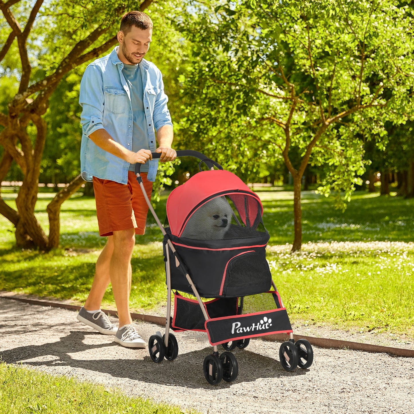 PawHut Detachable Pet Stroller, 3-In-1 Dog Cat Travel Carriage, Foldable Carrying Bag with Universal Wheel Brake Canopy Basket Storage Bag, Red