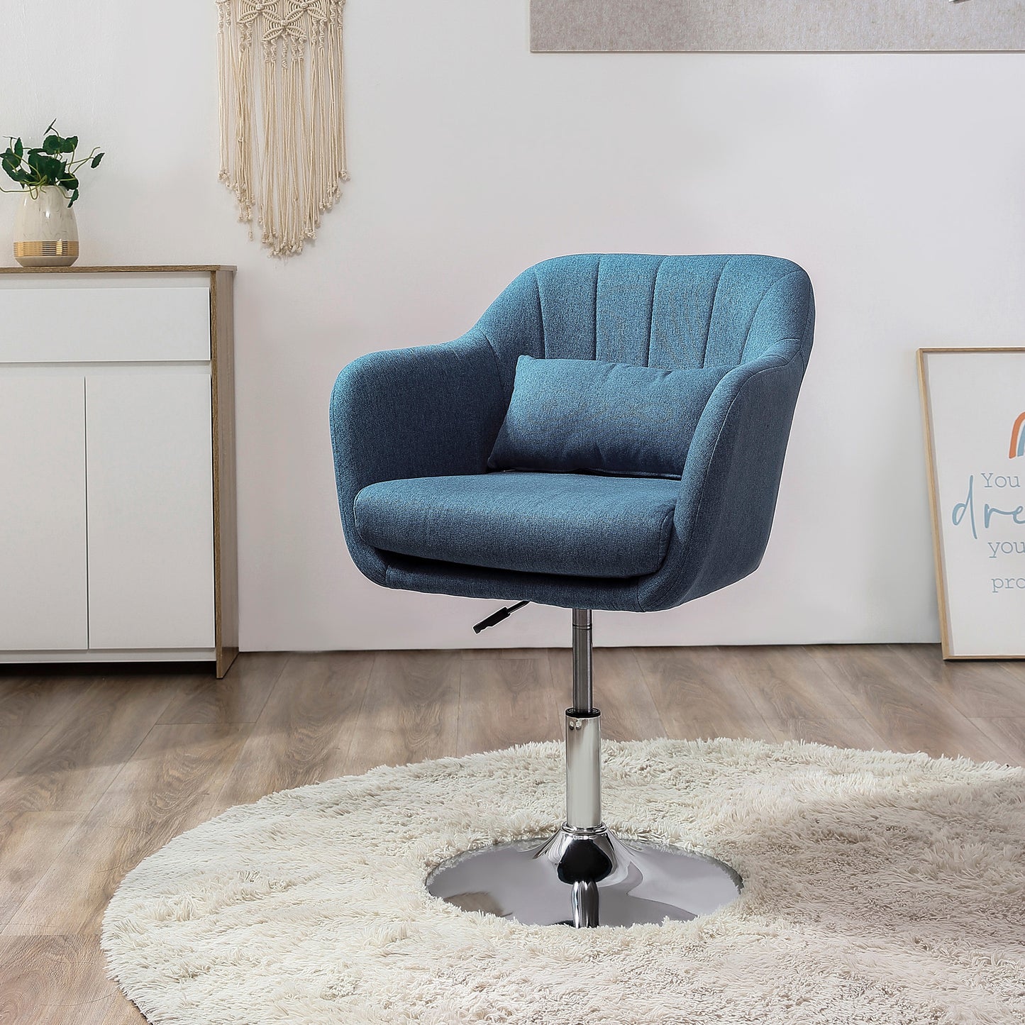 HOMCOM Swivel Accent Chair for Living Room Contemporary Vanity Armchair with Adjustable Height Thick Cushion Lumbar Support Armrest for Bedroom Office Blue