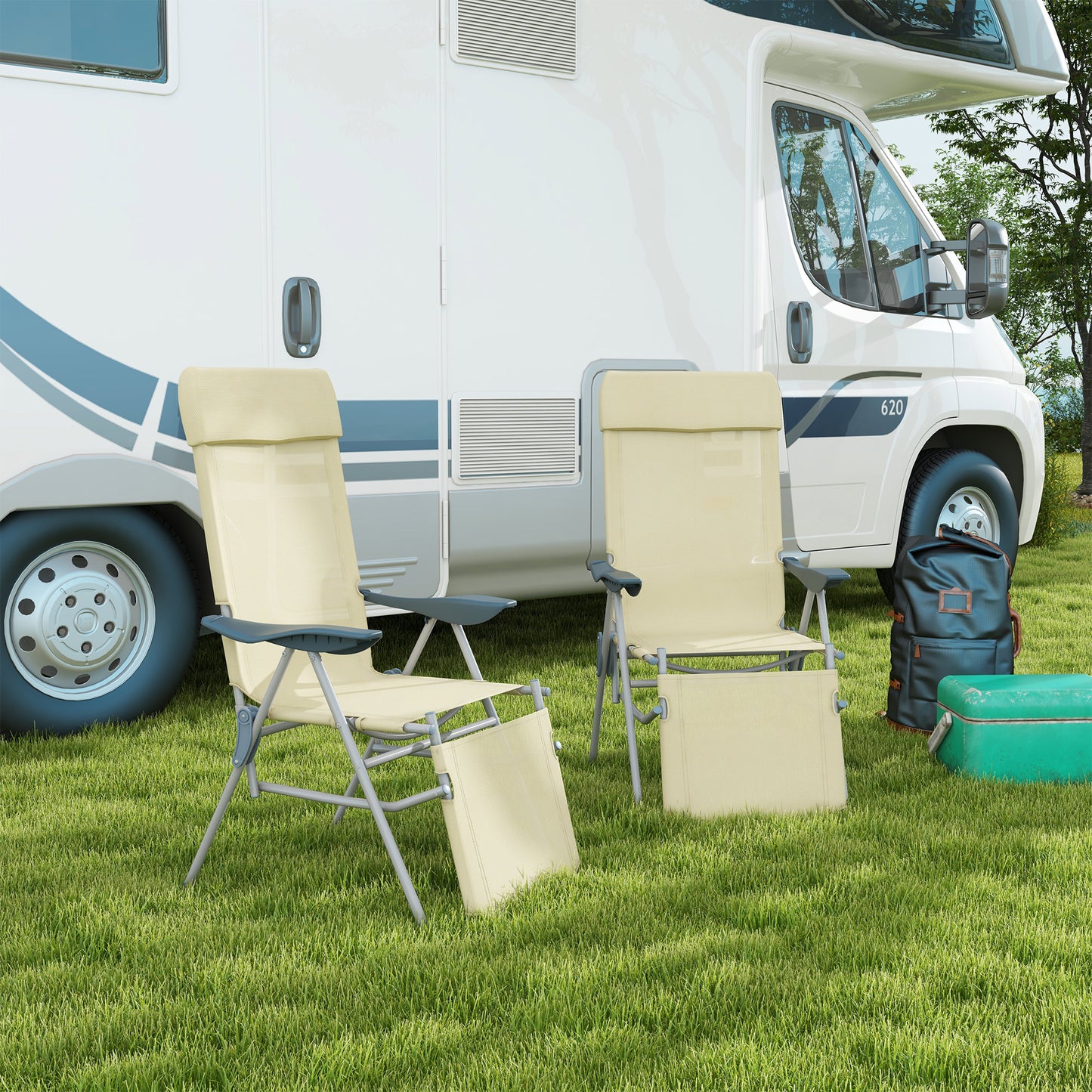 Outsunny Outdoor Sun Lounger Set of 2, Reclining Garden Chairs w/ Adjustable Footrest, 2 pcs Recliner w/ 5-level Adjustable Backrest, Headrest, Beige